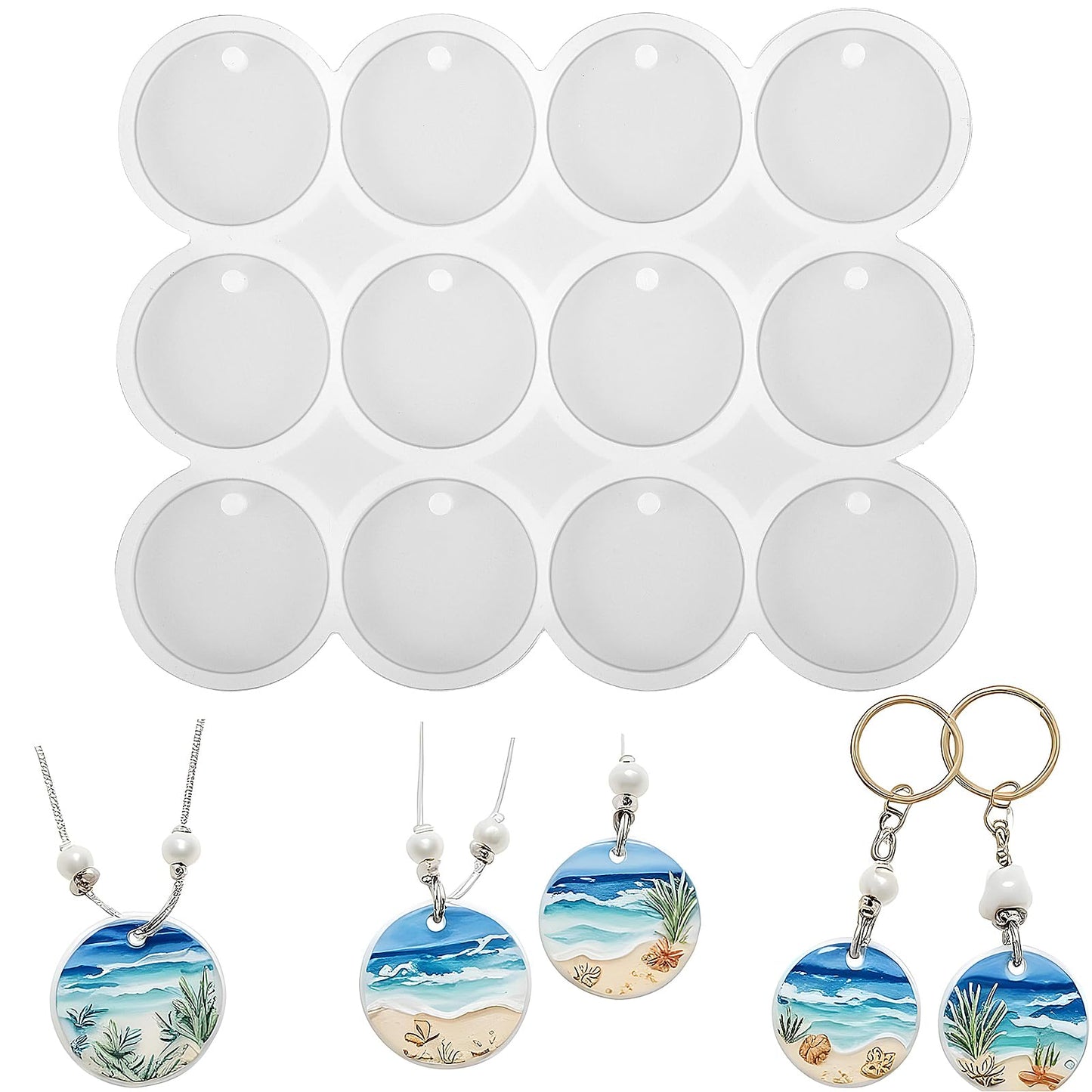 12 Cavities Silicone Moulds Epoxy Resin, Mabor Keyring Epoxy Resin Moulds Silicone Mould Epoxy Resin with Holes Round Epoxy Resin Silicone Moulds for Resin Casting Earrings Key Ring