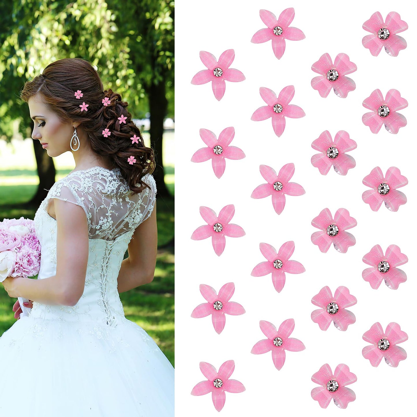 Teaaha 20PCS Mini Flower Hair Clips - Rhinestone Decorated Cute Claw Clips, Wedding Hair Barrettes & Bridal Hair Accessories for Girls & Women (2 Styles, Pink)
