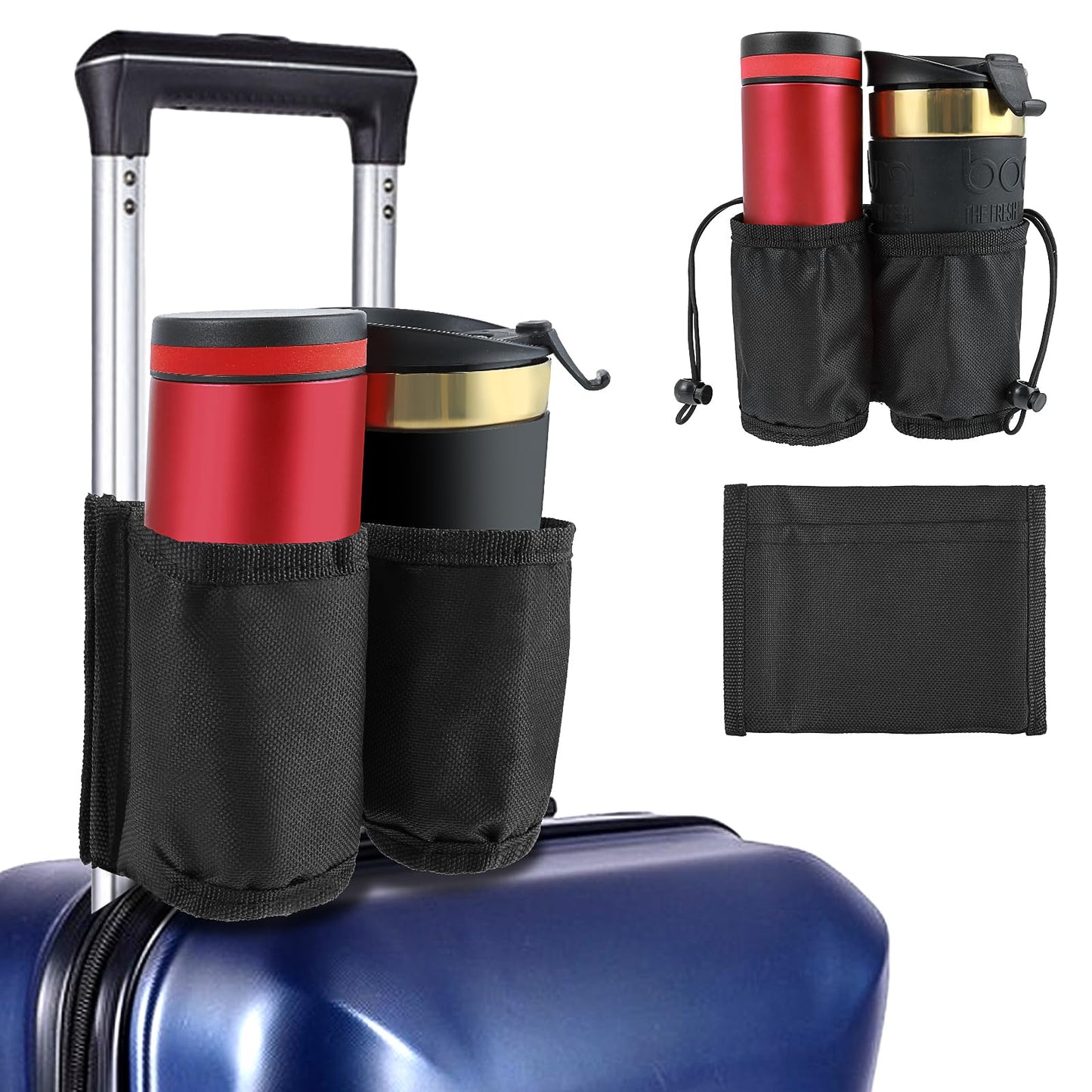 Luggage Cup Holder, Portable Travel Suitcase Drink Carrier, Holds 2 Coffee Mugs &1 Zippered Pockets, Luggage Beverage Caddy Attachment for Flight Attendants Travelers Airport Essentials, Free Hands