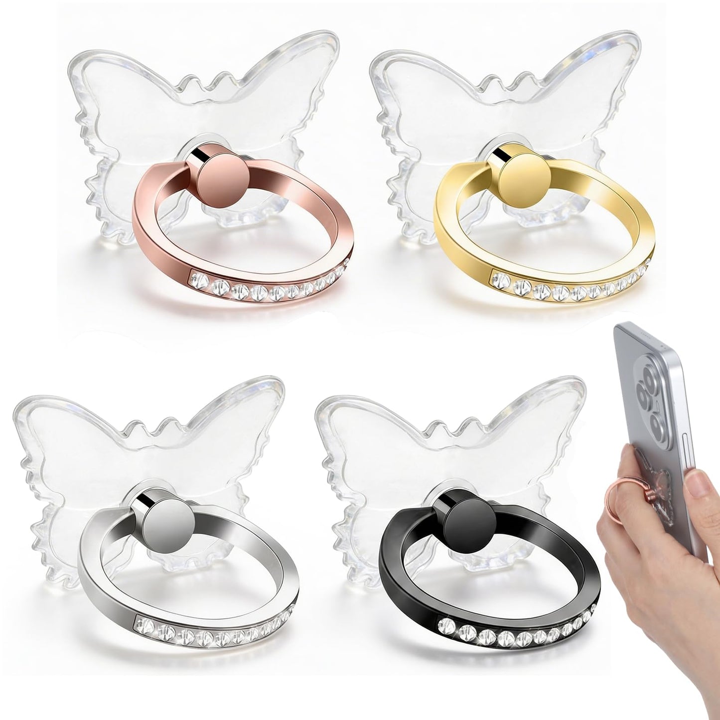 RAHHLIZS 4 PCS Butterfly Phone Ring Holder Grip, Transparent Cell Phone Ring Holder Metal Phones Case Rings Holders with Kickstand Compatible Most of Phones, Tablets and Case
