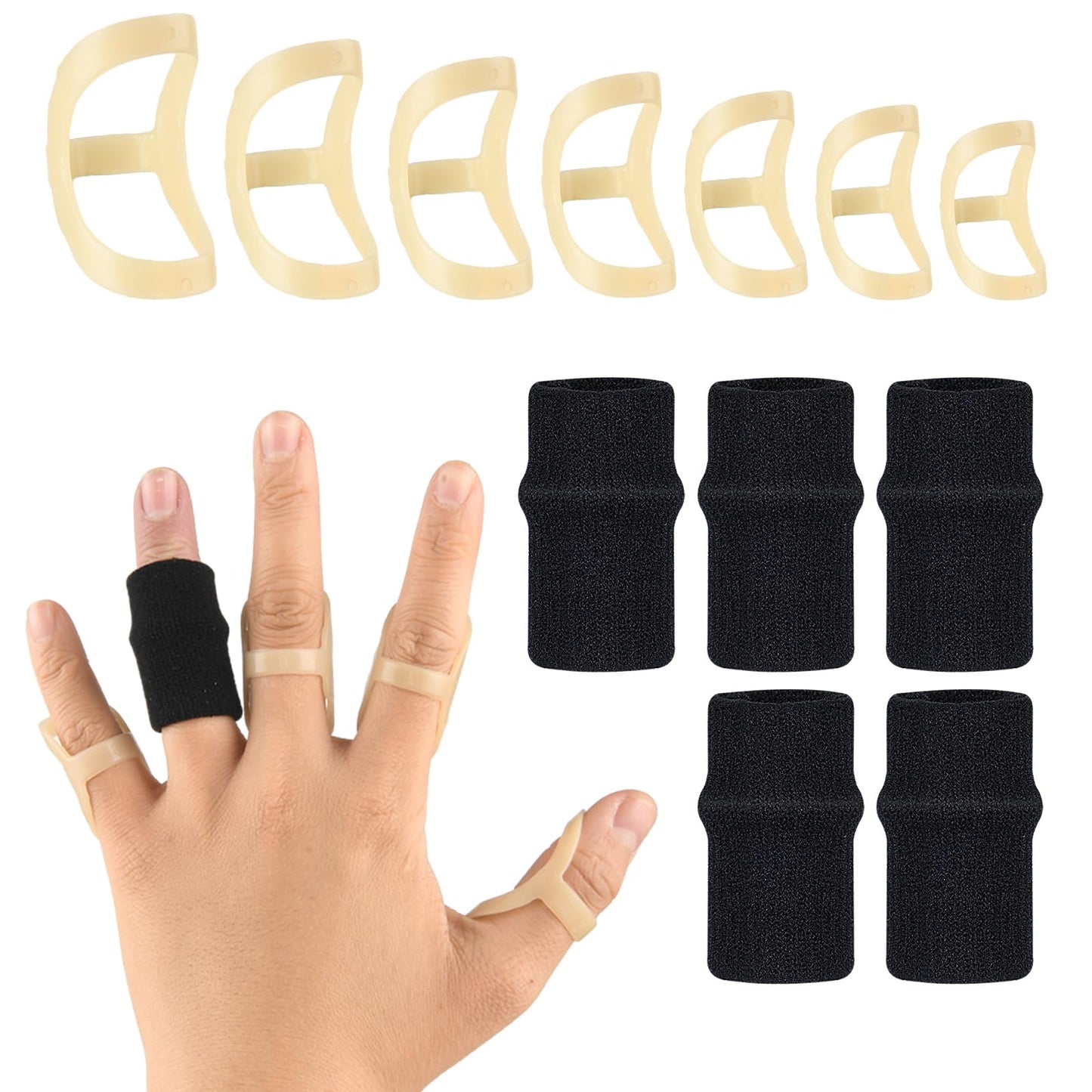 Mabor 12Pcs Finger Splints Kit 7 Sizes Oval Trigger Finger Splint 5Pcs Soft Finger Protectors for Thumb Middle Little Pinky Finger Support Brace for Mallet Arthritis(Size 6,7,8,9,10,11,12)