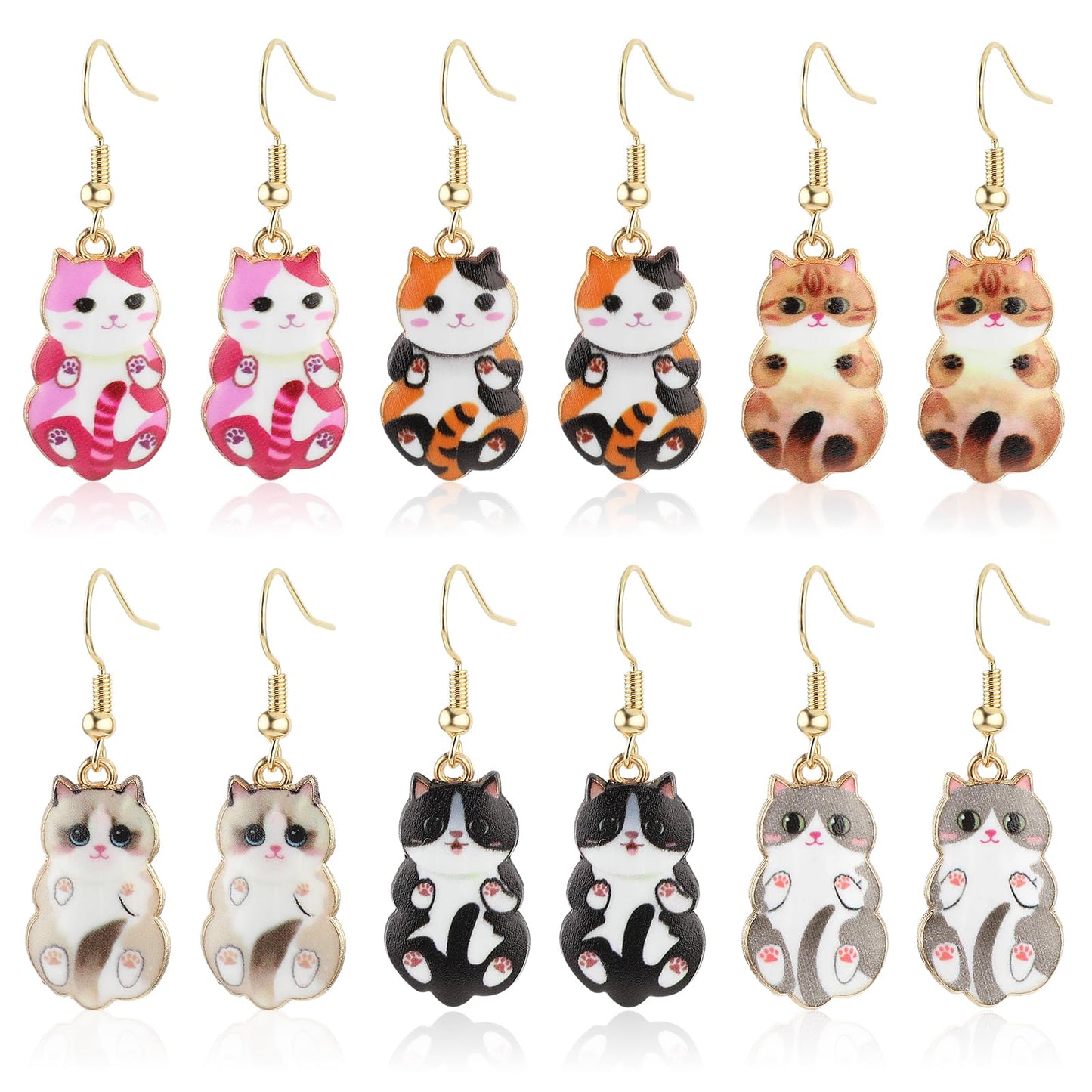 Mabor 6 Pairs Funny Earrings Aesthetic Birthday Gift for Girls Cute Cat Cat Earrings Kitten Ornaments Stud Earrings Set, Metal, No Gemstone