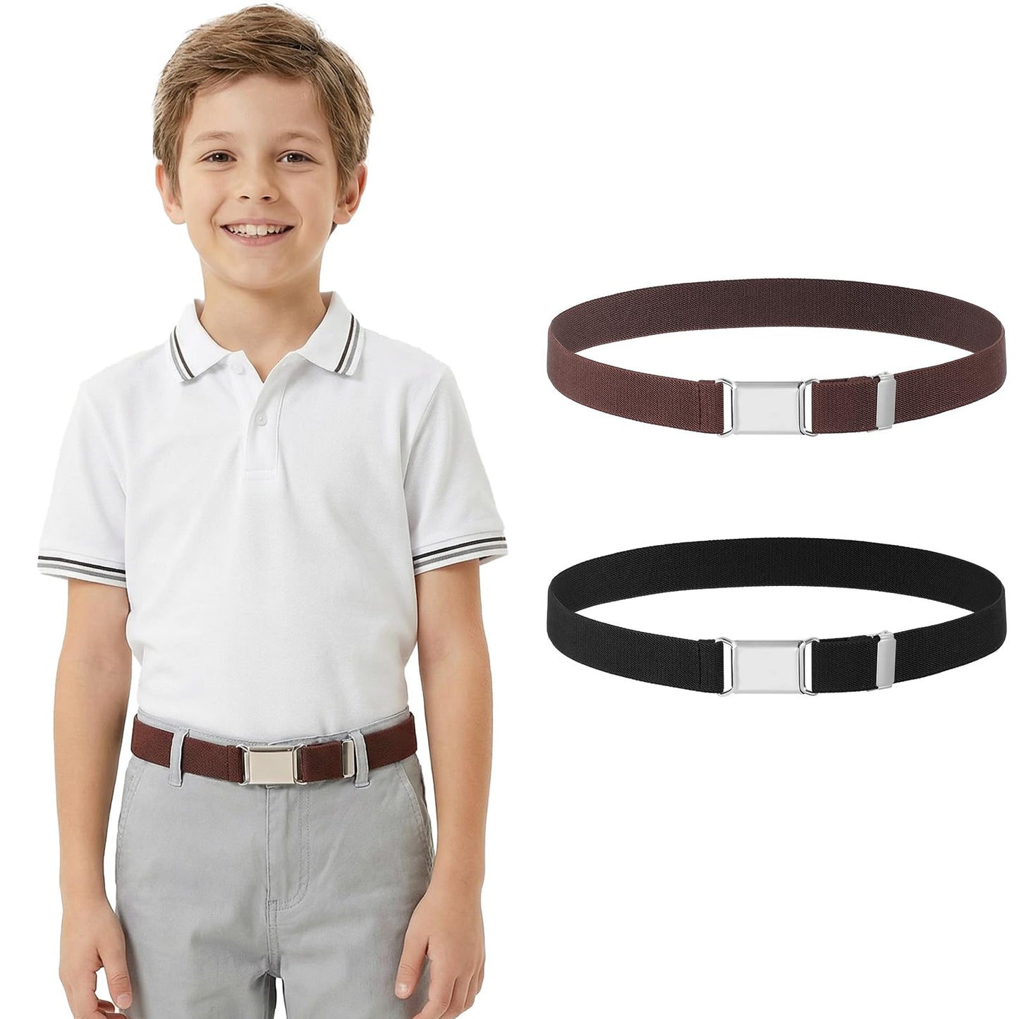 Nogeqi Pack of 2 Elastic Children's Belts Girls Stretch Belt Children with Square Buckle Adjustable Children's Belt Boys for Jeans Trousers Dress Shorts