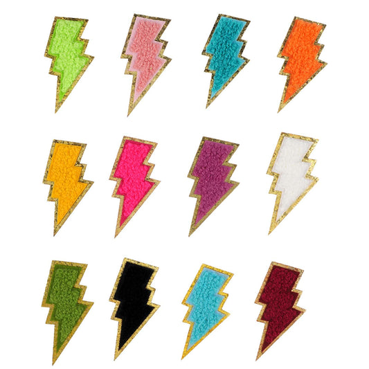 12 Pcs Self Adhesive Chenille Embroidered Patches Golden Edges Lightning Iron On Patch Cute Glitter Lightning Bolt Sew On Applique Preppy Iron On Patches for Girls DIY Hats Bags Jackets Clothes