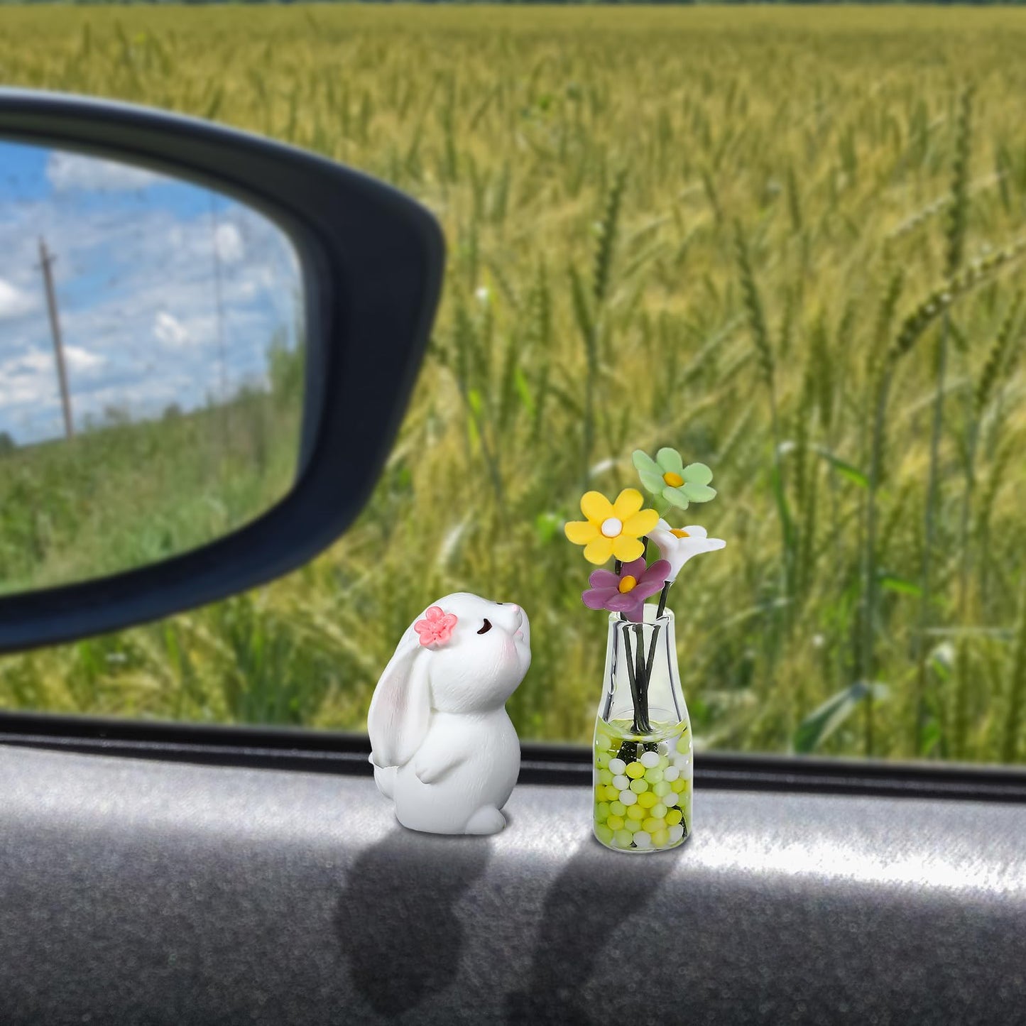 Nogeqi Resin Bunny and Daisy Car Dashboard Accessories,Fun Rabbit and Flower Car Decorations Interior,Mini Cute Rabbit Vase Kawaii Car Accessories with Adhesive Tape for Women and Men Home Office