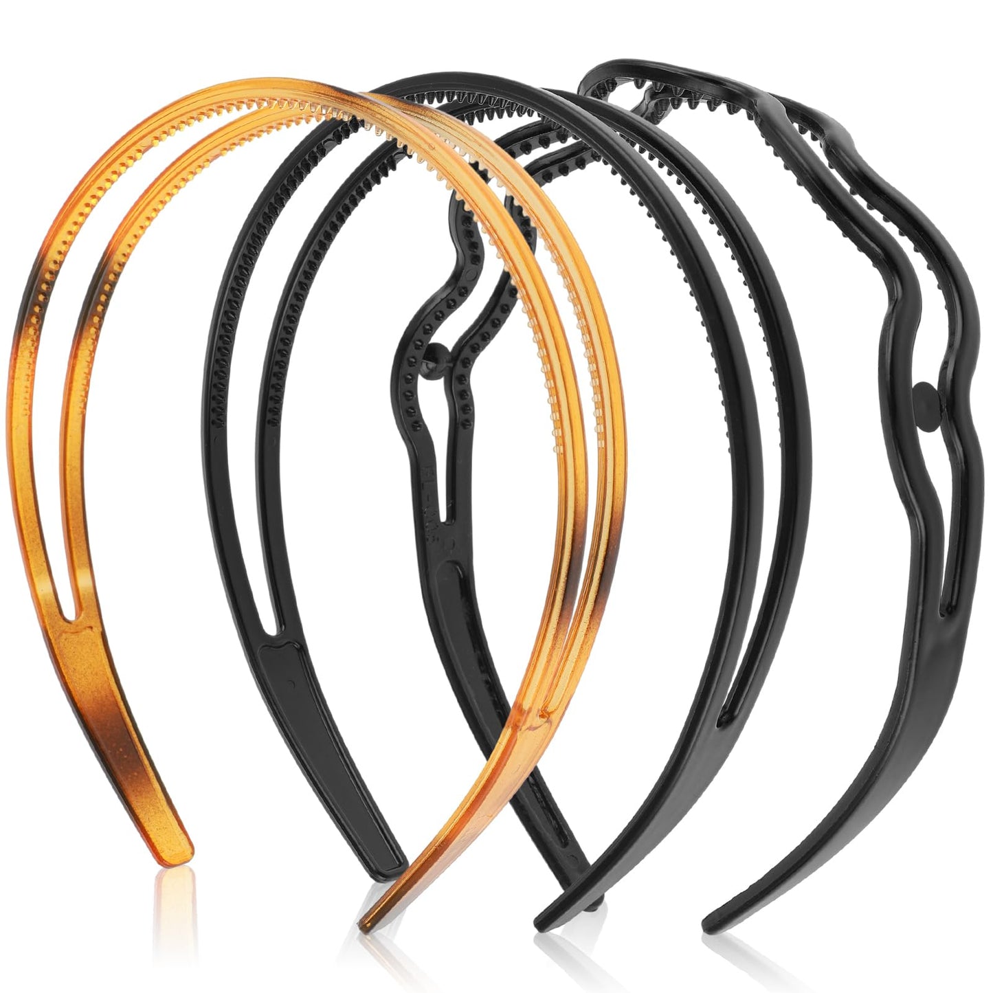 Ouligay 3pcs Plastic Headbands for Women, Double Row Teeth Comb Plastic Hair Bands, Non-Slip Headband wth Teeth, Hair Hoop Accessory for Women Girls Daily Dating Decorations(Black, Brown)