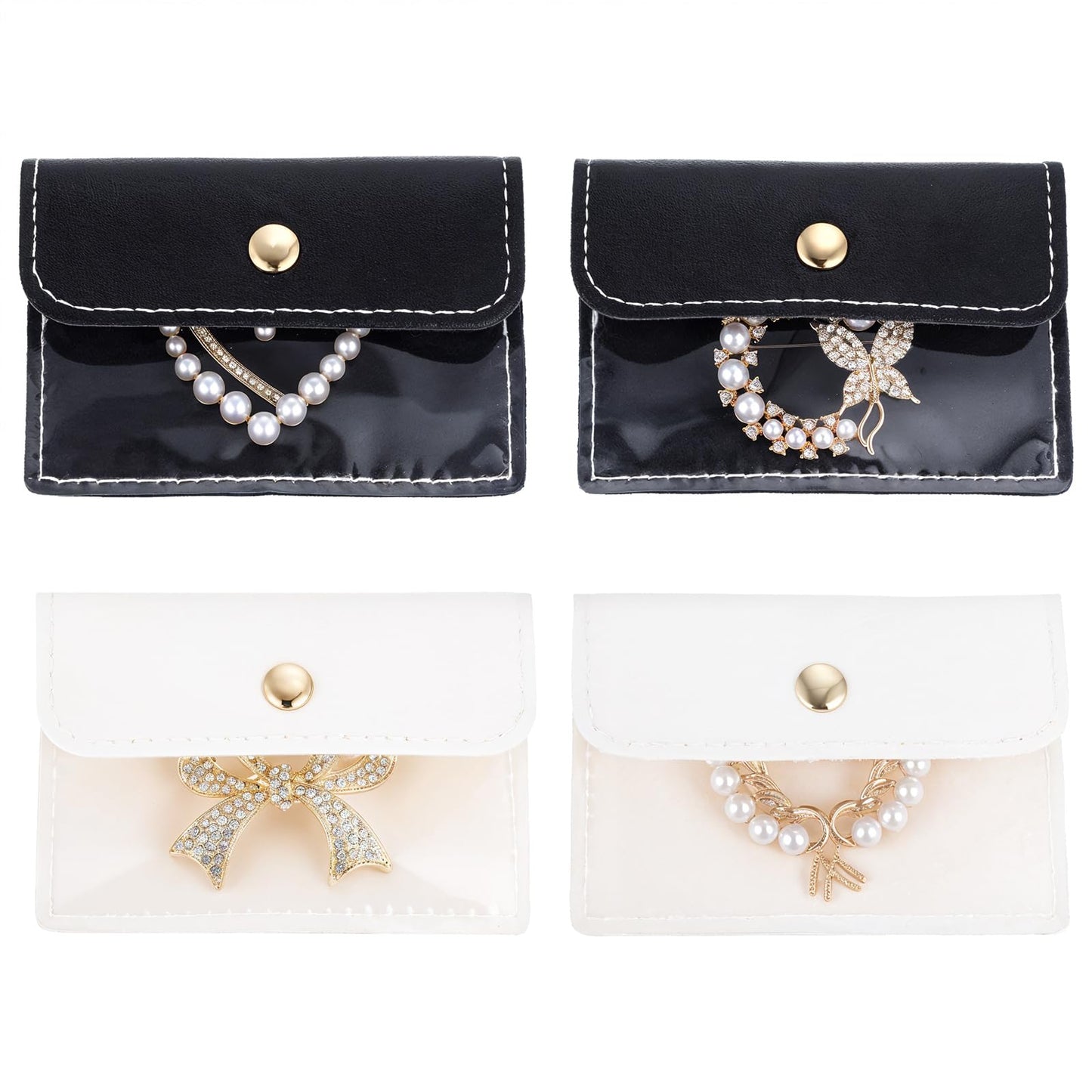 4PCS Jewelry Travel Organizer PU Leather Clear Travel Jewelry Case Mini Pouch Small Storage Bag for Women Girl Earrings Necklaces Bracelet Ring(2black+2white)