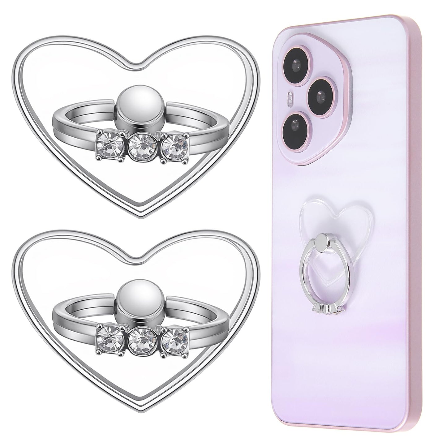 2 Pack Transparent Phone Ring Holder Grip, 360° Rotation Finger Phone Stand with Diamonds, Adjustable Heart Shape Ring Holder with Smartphones and Tablets