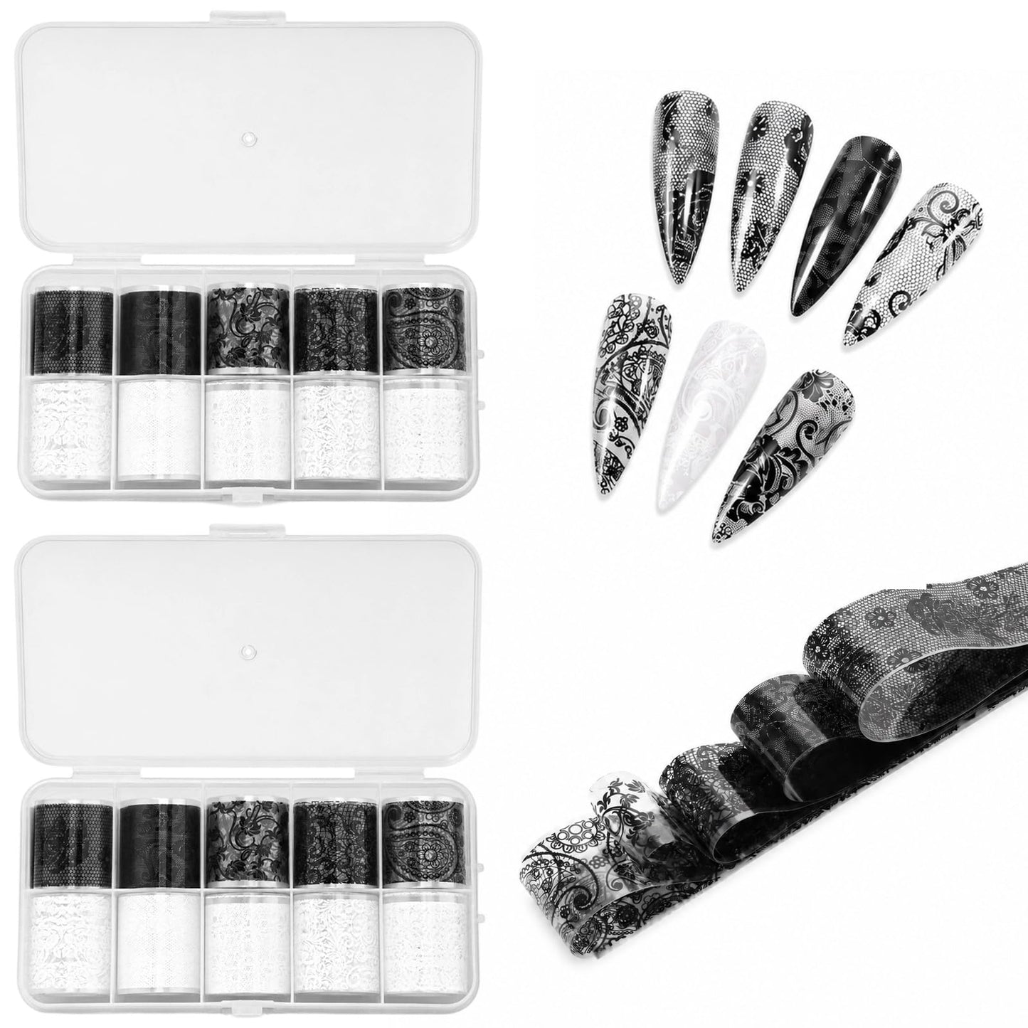 Bnehmb 20 Rolls Lace Nail Stickers, Flower Black White Nail Lace Foil
