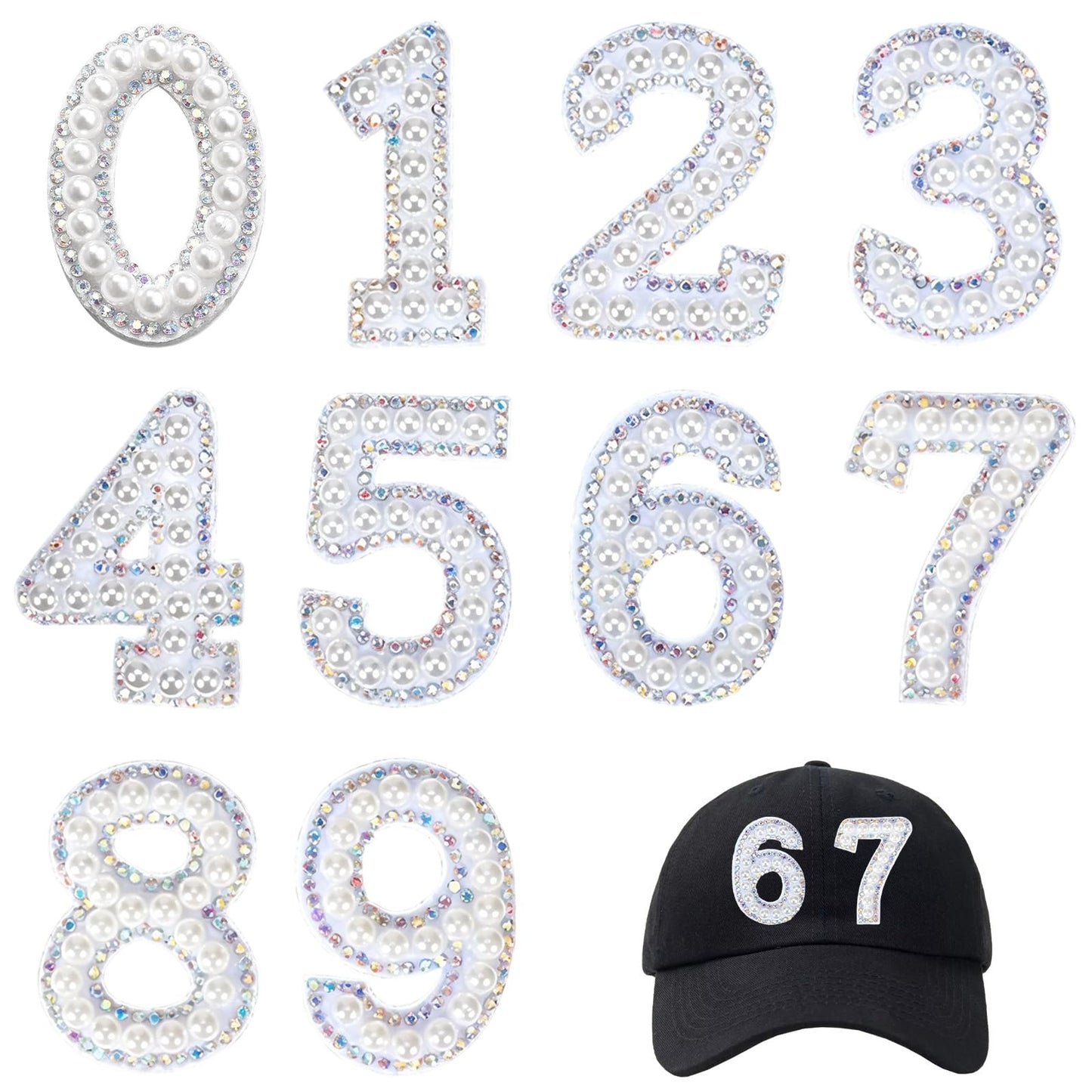 Shimmeroo 10Pcs Iron on Rhinestones Number Patches,0-9 Number Iron on Pearl Patches Appliques DIY Clothing,Jersey Bags, Hats, Shoes