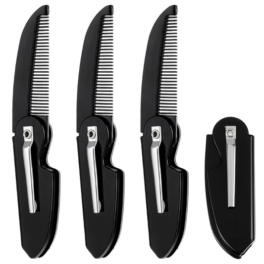 Xinjoduz 4 PCS Folding Mustache Comb, Portable Beard Comb Fine Teeth Beard Brush Plastic Mustache Brush Moustache Comb Small Pocket Comb for Men Mustache Hair Care Styling Grooming (Black)