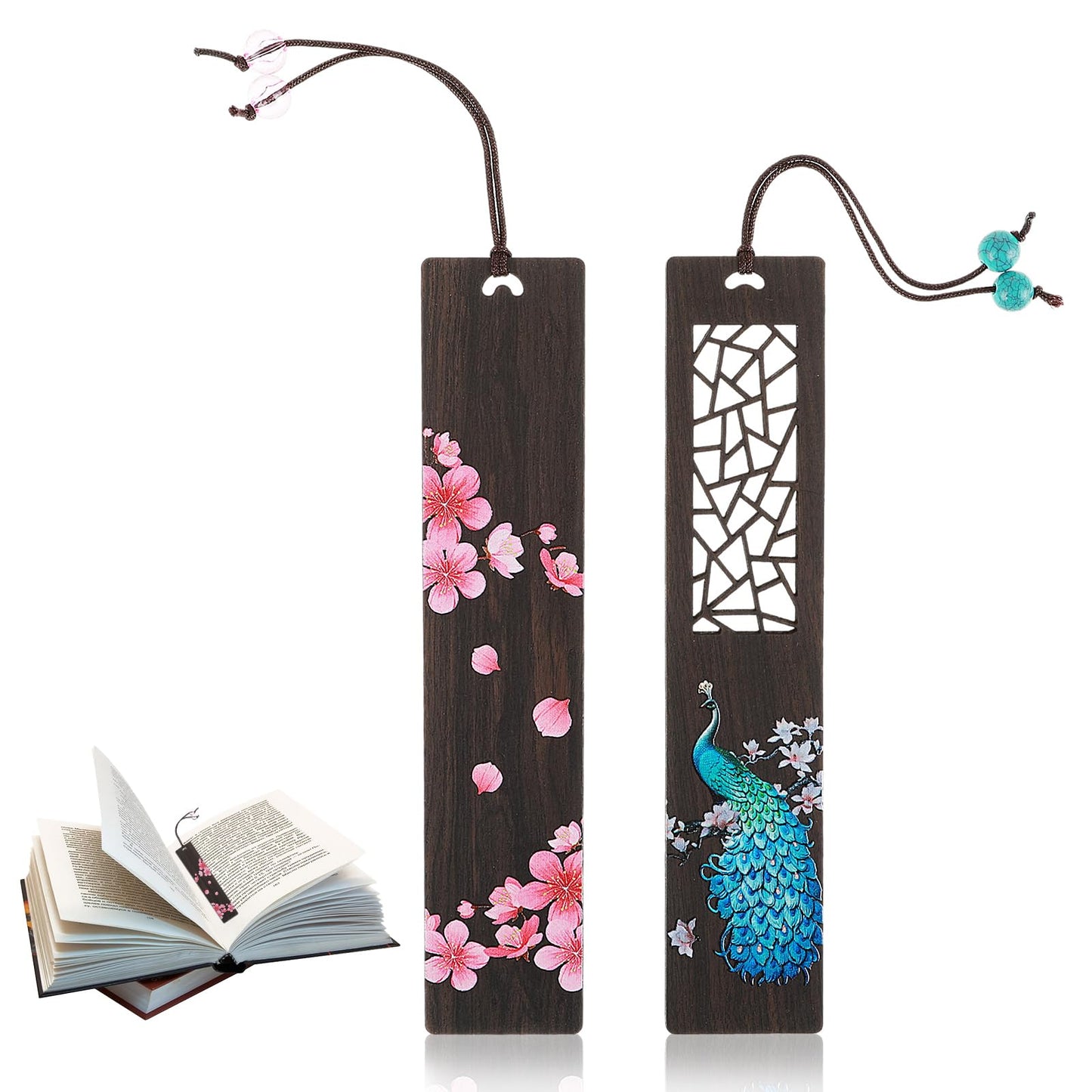 Tyqour 2pcs Book Marks for Reading Men Women, Handmade Carving Wooden Bookmarks, Cute Funny Bookmark Hollow Out and Painted Craft Bookmark Vintage (Peacock, Cherry Blossoms)