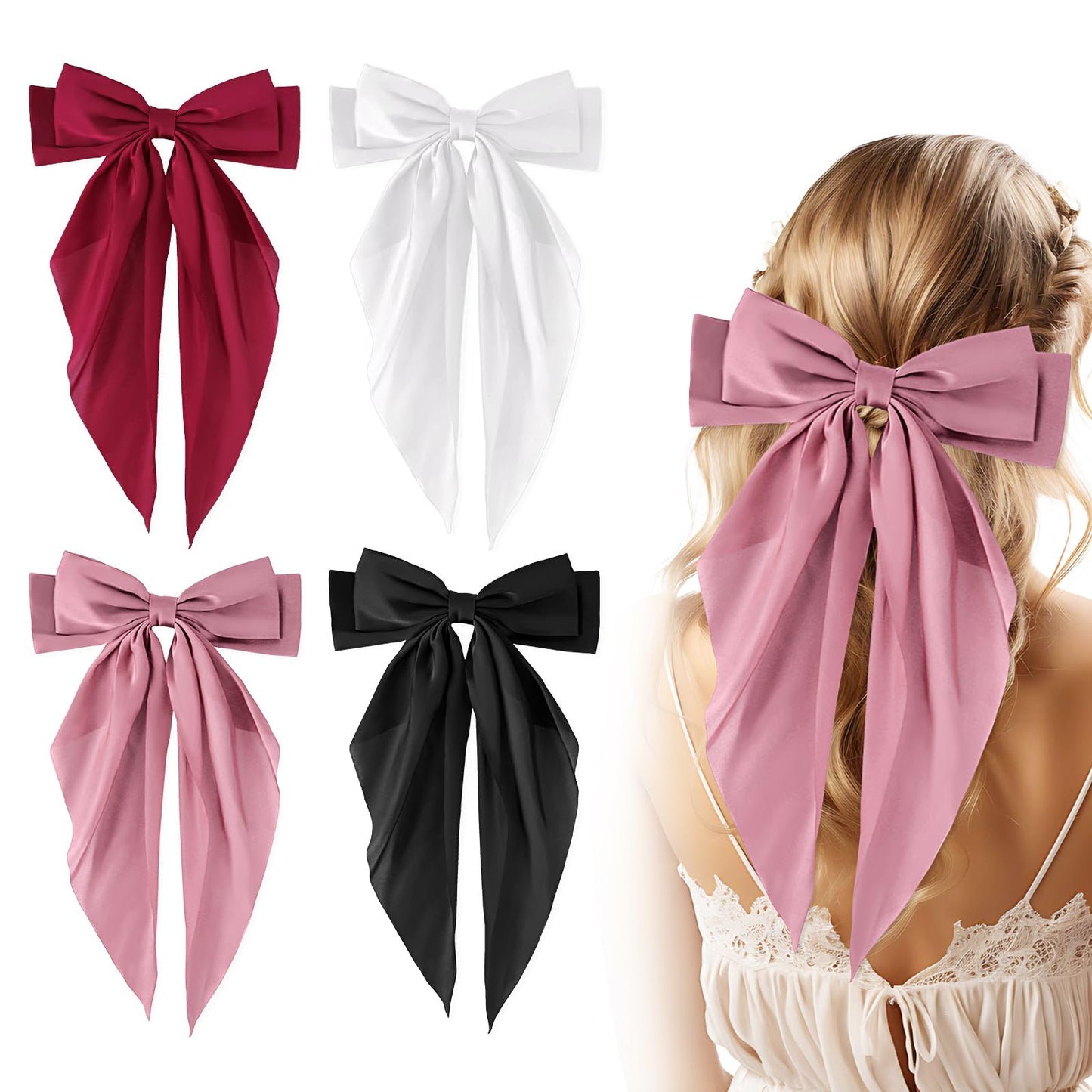Tyqour 4pcs Hair Bows for Women Girls, Ribbon for Hair, Big Hair Bow, Long Tail Bow Hair Clips for Women French Cute Bowknot Aesthetic Hair Accessories(Purple,Pink,Black,White)