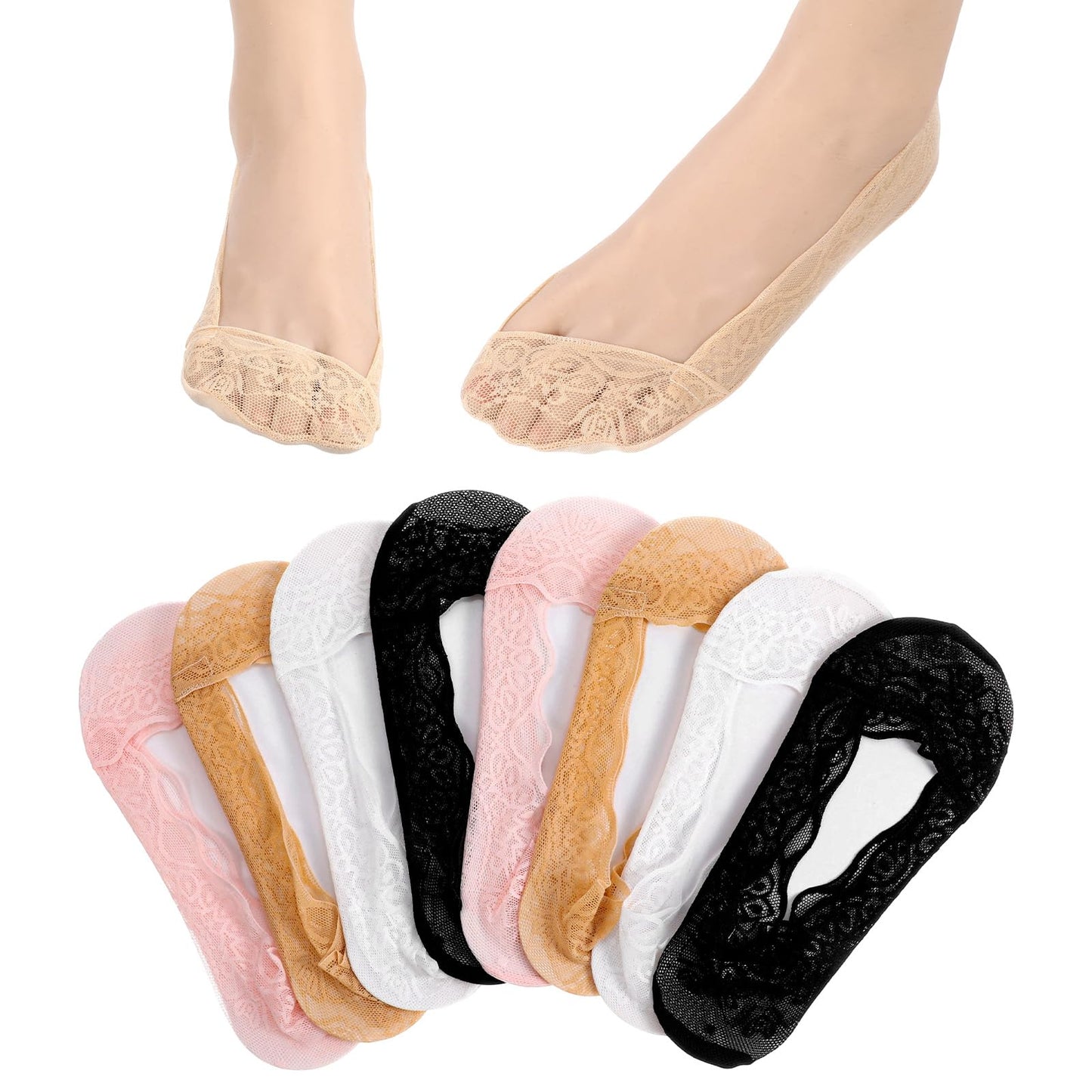 Chsoejuf 8 Pairs Women Lace Socks, 4 Colors No Show Non Slip Ankle Socks