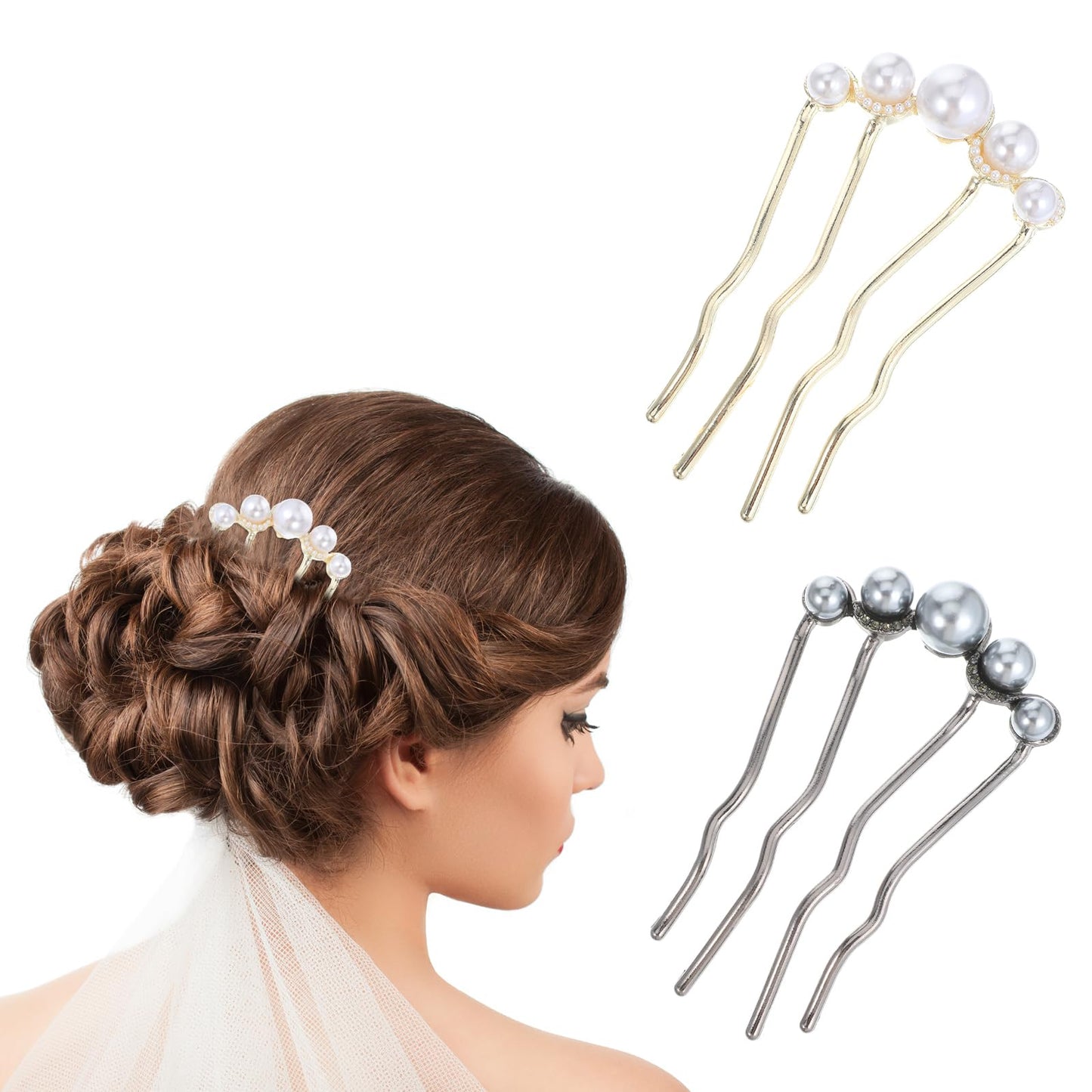 2 Pcs Pearls Twist Hair Pins Pearl Decorative Hair Comb Metal French Hair Pin Elegant U Shaped Hair Pins Pearls Fork Clip For Women Perfect For Weddings Parties And Daily Wear Black & Gold