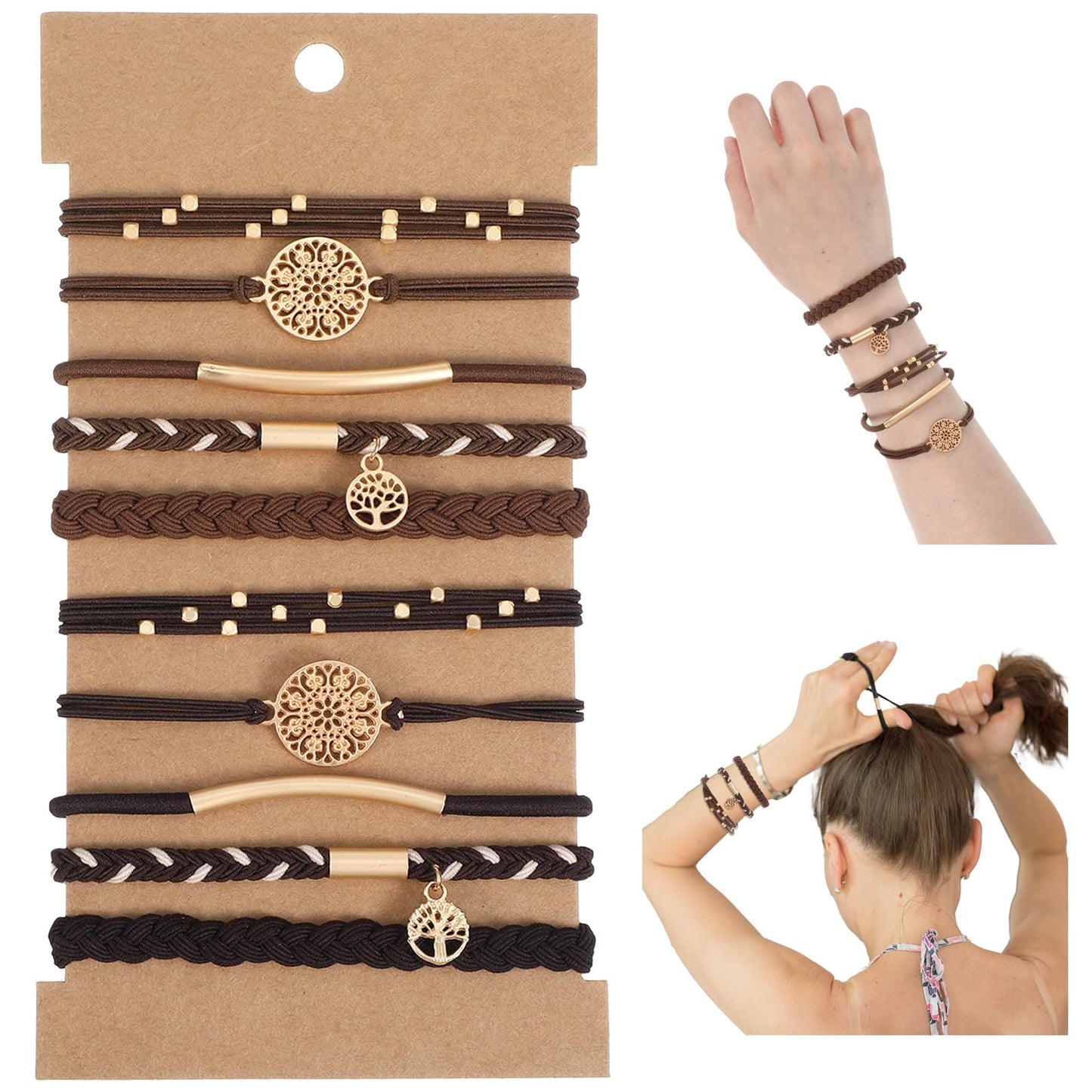 10 PCS Hair Tie Bracelets for Women Ponytail Bracelets Soft Braided Boho Hairs Bands Boho Dual-Use Bracelet and Hairs Tie for Women Thick Thin Long Curly Hair Ponytail Holders (Brown+dark Brown)
