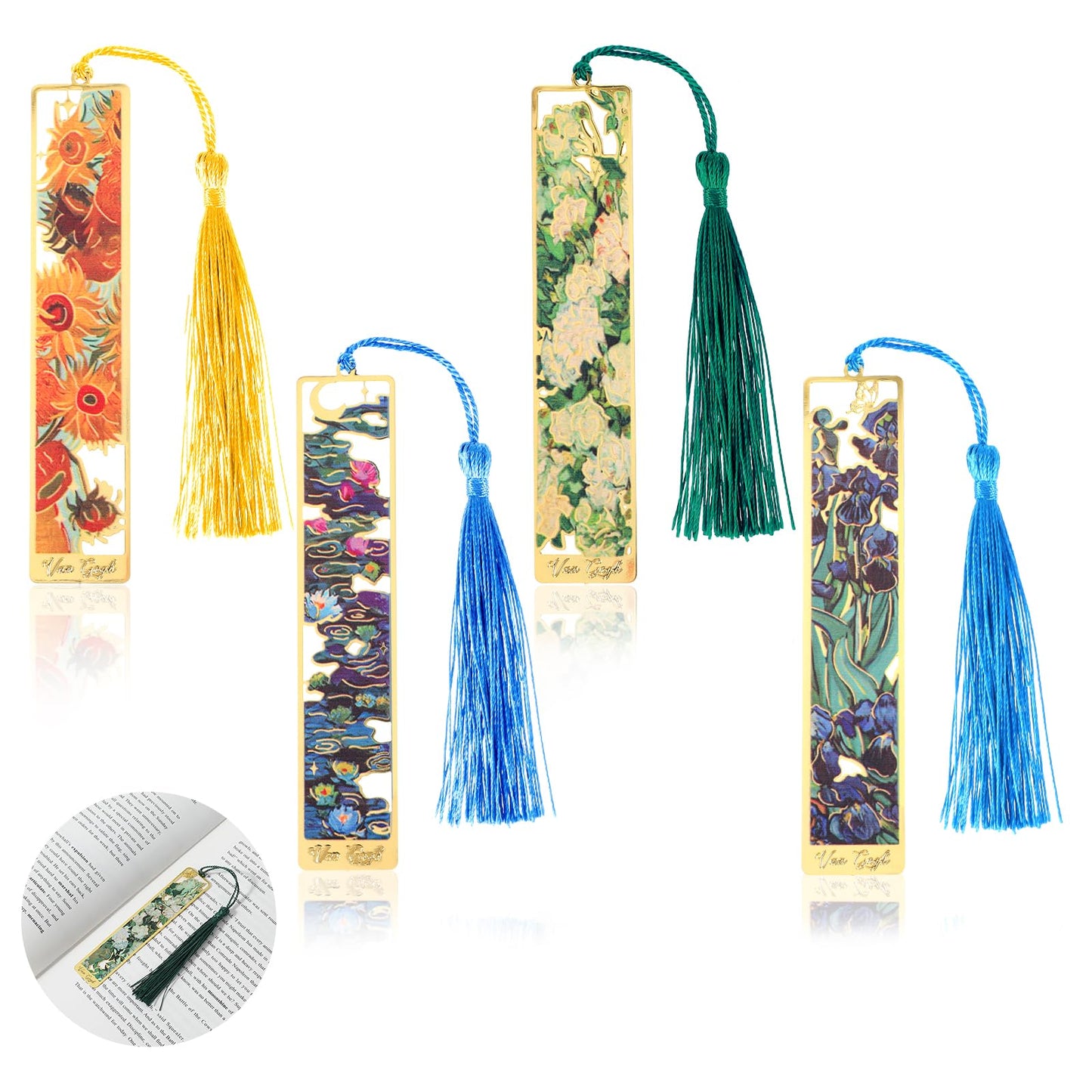 Nogeqi 4 Pcs Metal Bookmark with Tassel Flower Bookmark Fancy Bookmarks Sunflower White Rose Water Lily Iris Bookmark Pretty Bookmarks as Small Gift for Book Lovers Writers Readers Students Teachers