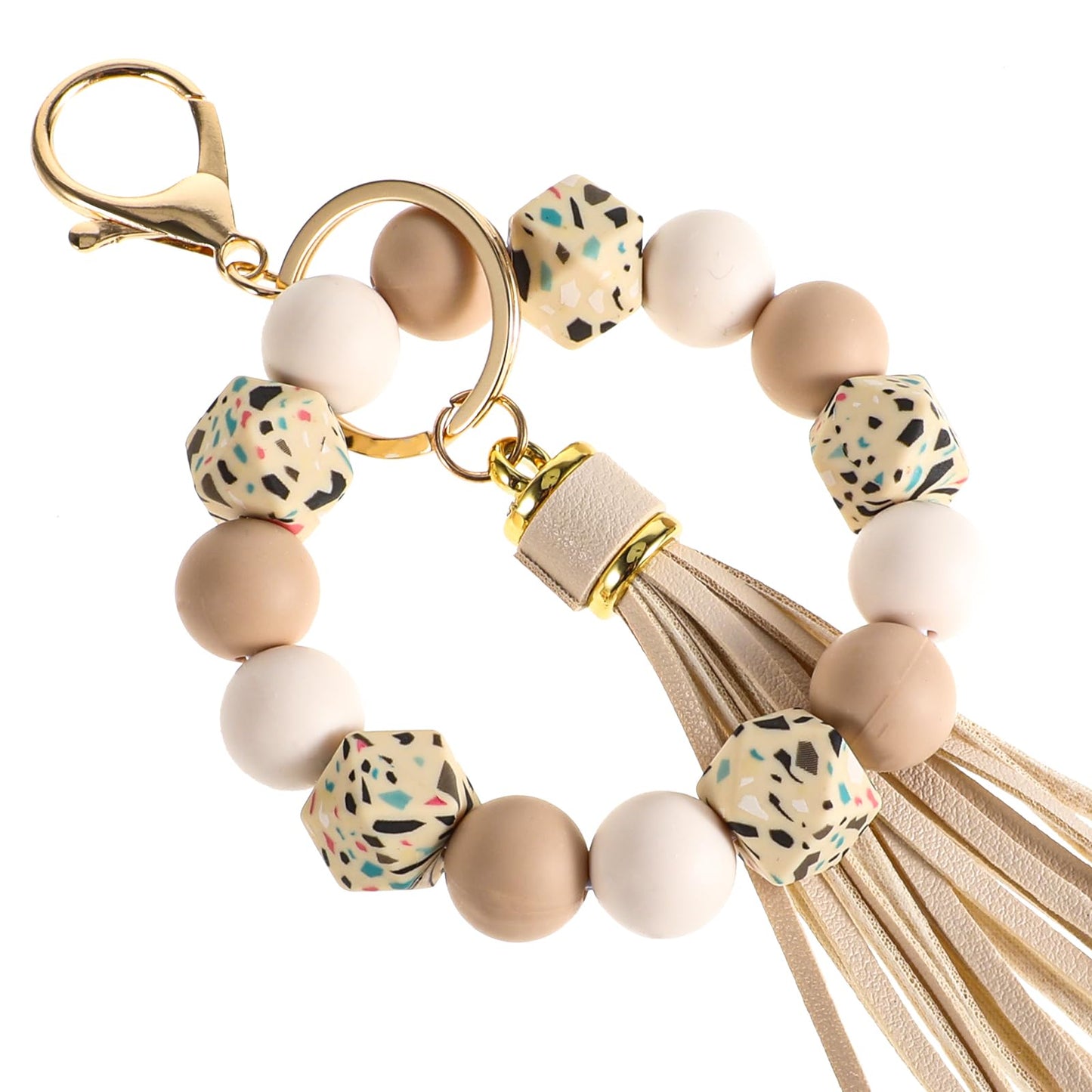 Mabor Silicone Beaded Bracelet Keychain Key Ring for Women, Key Chain with PU Tassel Beaded Bangle Chains Car Keyring Wristlet Bag Pendant for Mother's Day Gift, Cream White, One Size