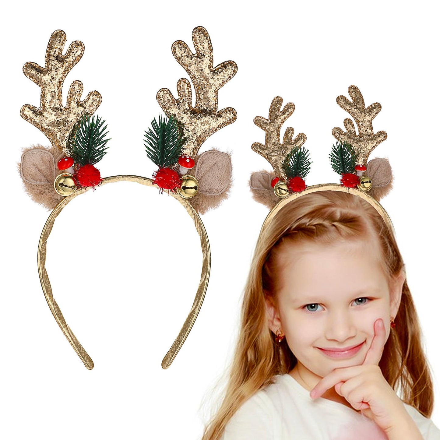 Ouligay Christmas Reindeer Antlers Headbands Glitter Sequin Reindeer Headband Xmas Headpiece for Holiday Cosplay PartyGold