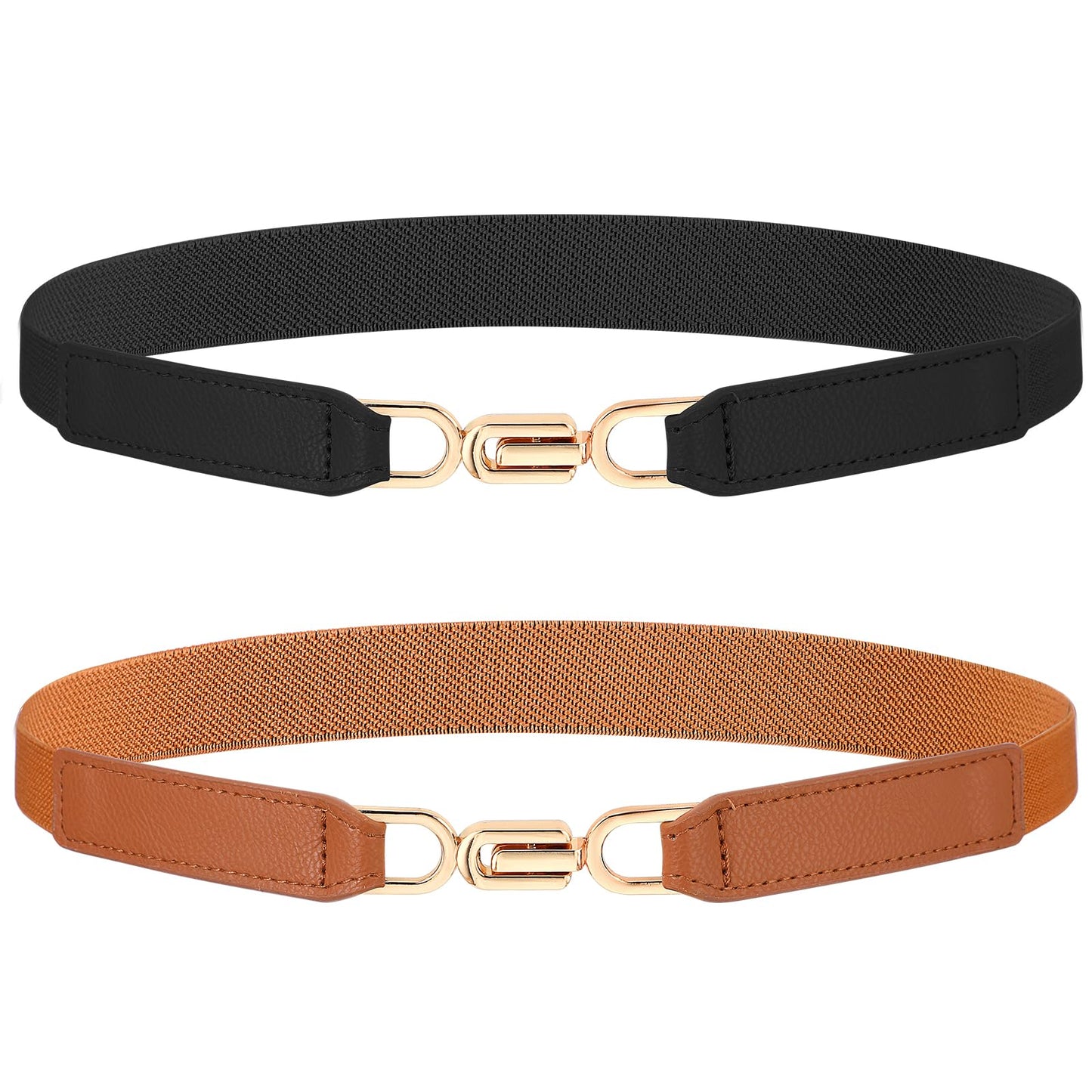2 Pack Ladies Elasticated Belt for Women, Stretchy Skinny Waist Belt with Gold Buckle, Thin Retro Elastic Waist Belts for Ladies Plus Size, Adjustable PU Leather Belts for Dresses and Jeans