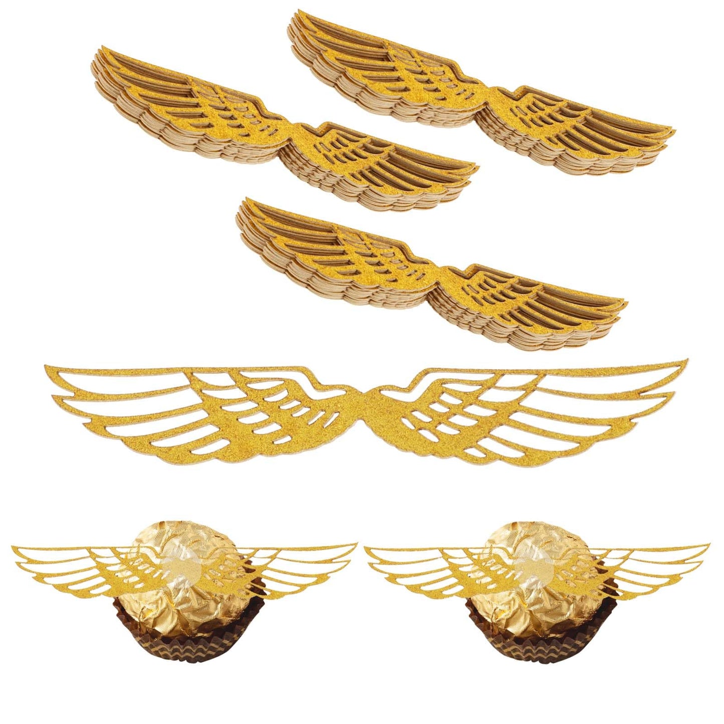 50 PCS Gold Glitter Wings Chocolate Decoration Golden Wings Cupcake Toppers with 50 PCS Glue Points, Wizard Party Chocolate Decoration Halloween Cake Topper for Birthday Wedding Anniversary