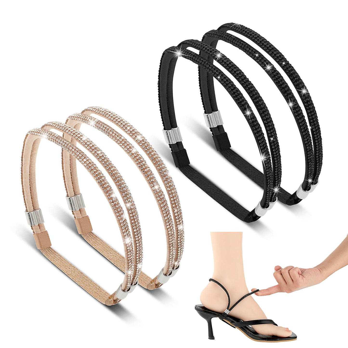 Ouligay 2 Pairs Shoe Straps for Heels Elastic High Heels Shoe Straps Adjustable Rhinestone Shoes Band Detachable Shoelace Anti Loose Dual-Use Shoe Laces for Holding Loose High Heel Slippers