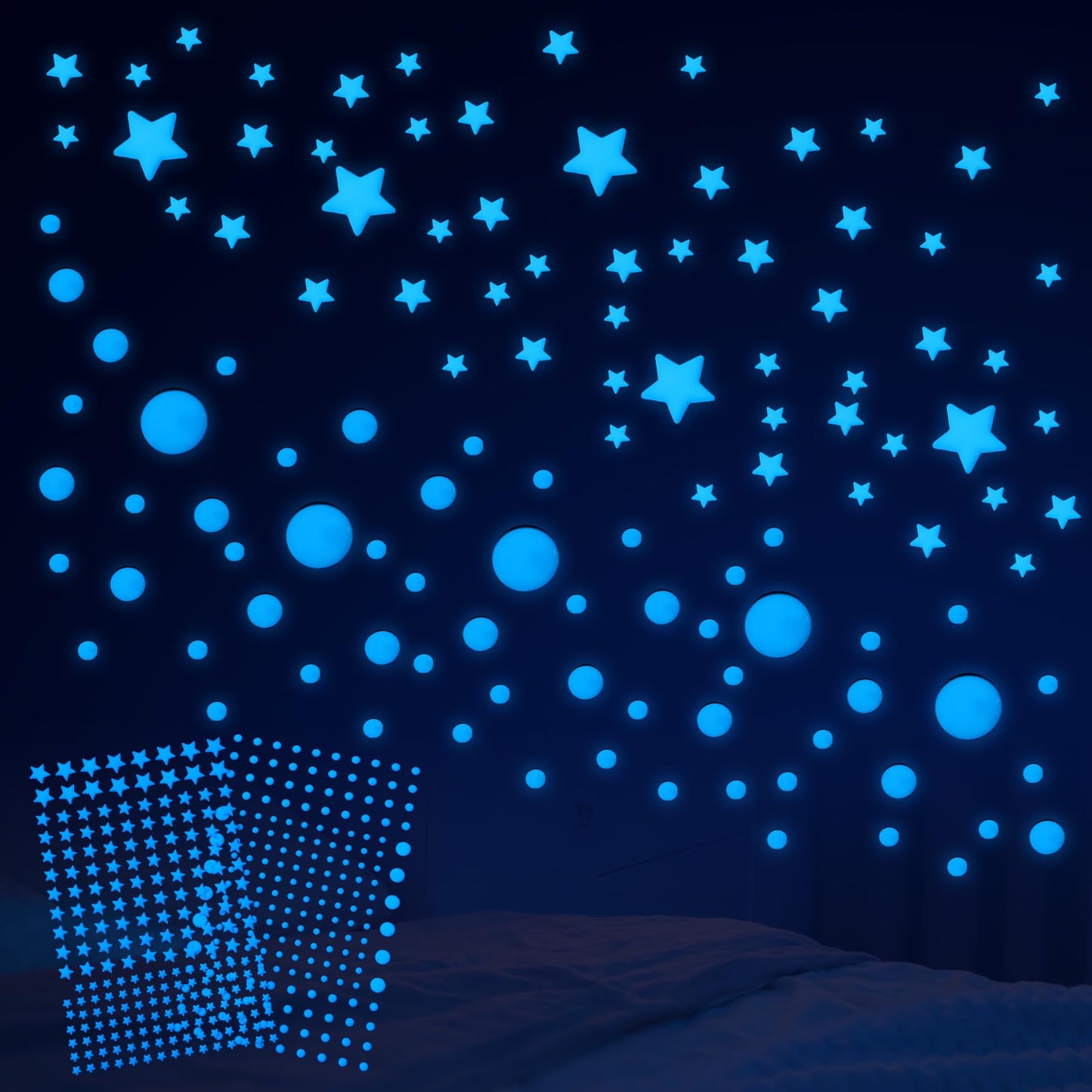 413PCS Glow in The Dark Stars 3D Room Wall Decor Glow in The Dark Stars Stickers, Adhesive Glow in The Dark Wall Decals Starry Sky Decor for Kids Bedding Room or Party Birthday Gift(Sky Blue)