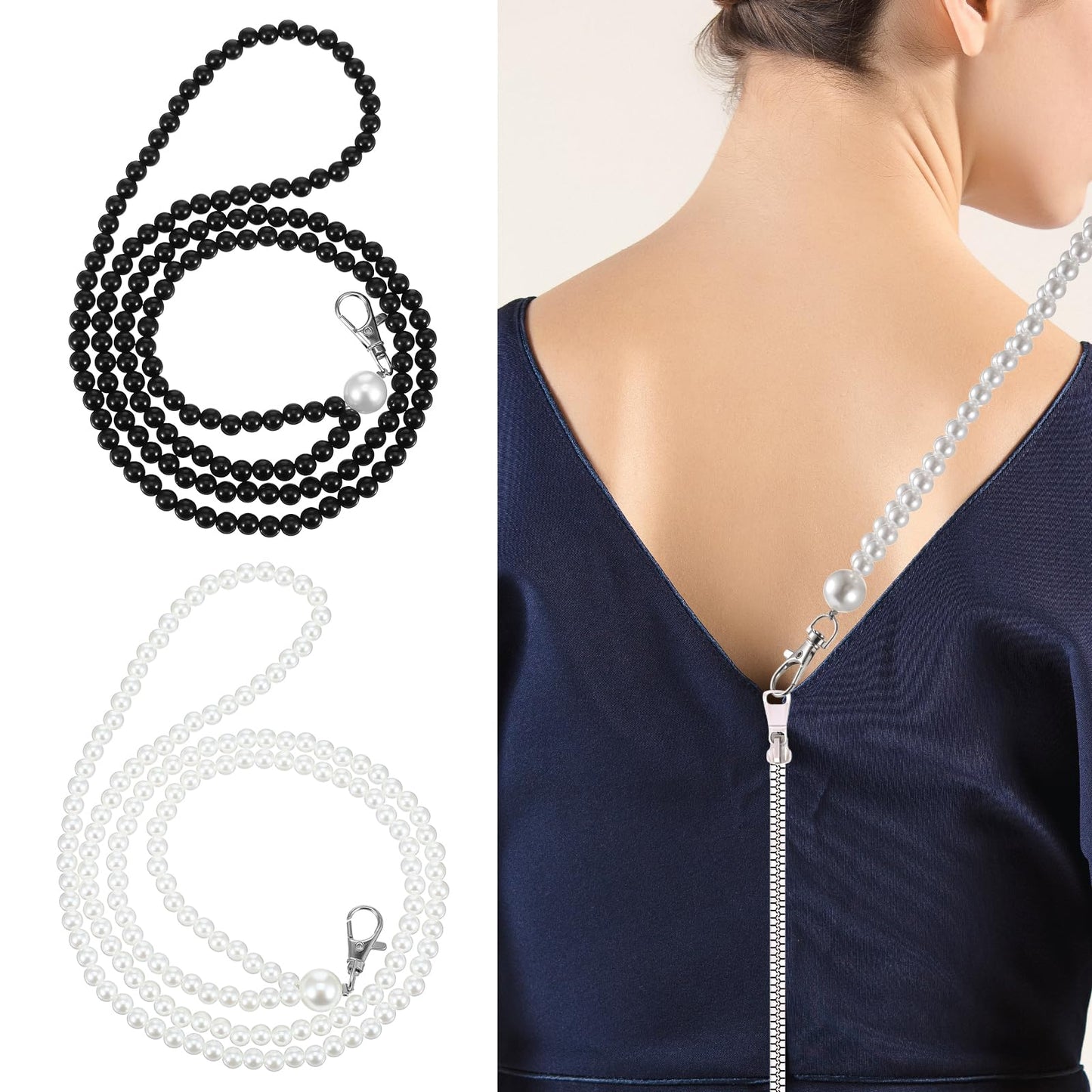 Xinjoduz 2 PCS Zipper Helper for Dresses, 25.2 in Replacement Zipper Pull Beaded Zipper Puller Helper Design with Hook Easy Zip up Down Dress by Yourself for Almost All Zipper Types(Black & Beige)
