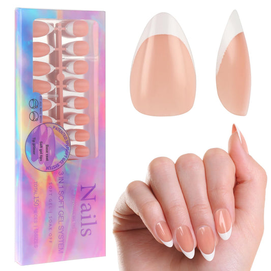 150Pcs French Nail Tips, Mabor Short Almond Gel Nails Press on Nude Soft Gel Tips False White Tip Nails for Women Girls X Fake Nail Tips with Pre-applied Tip Primer Base Coat Cover