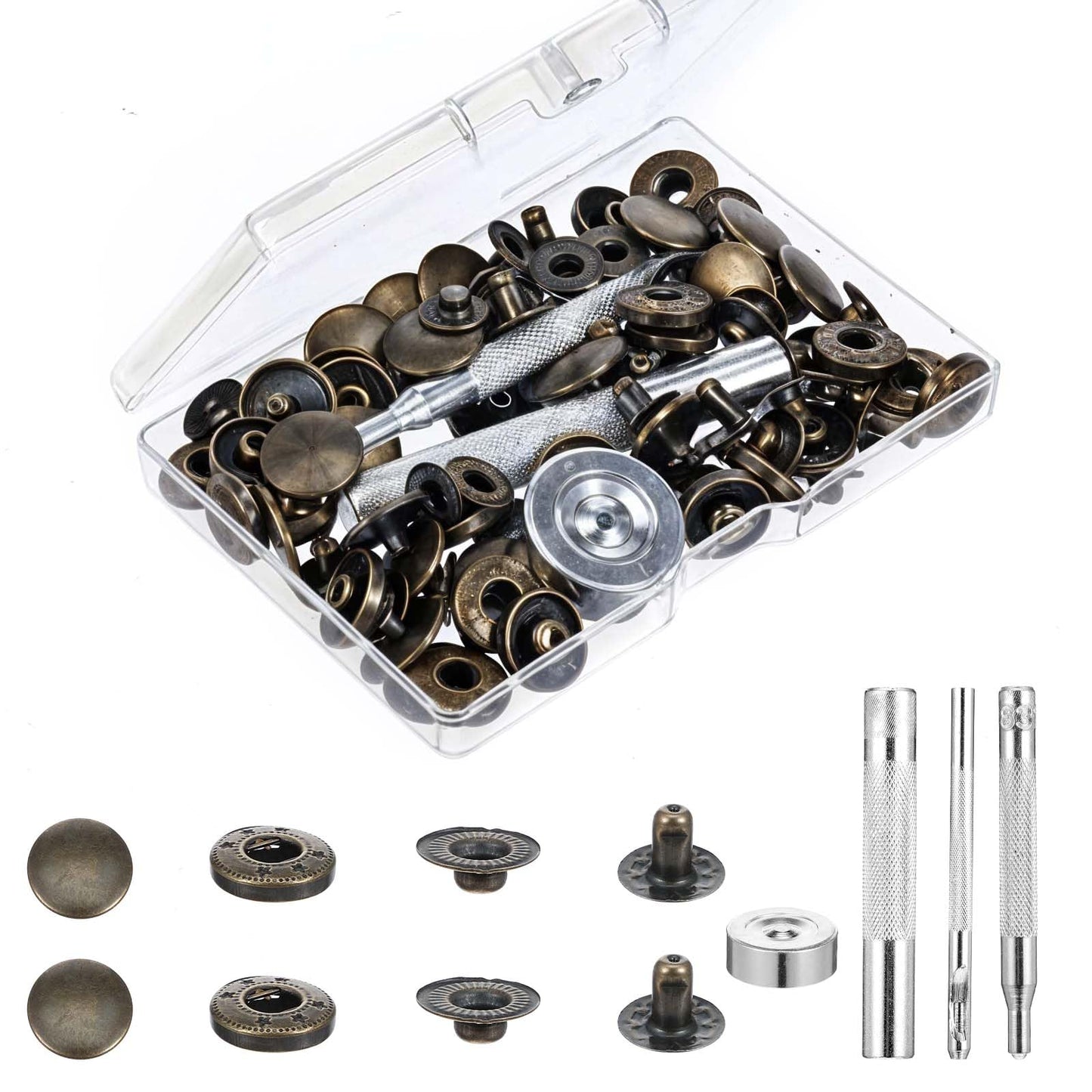 24 Sets Leather Snaps and Fasteners kit 15mm Metal Snap Button Kit with 4pcs Installation Tools Heavy Duty Leather Snap Button for Clothing Hats Jackets Jeans Canvas and More (Bronze)