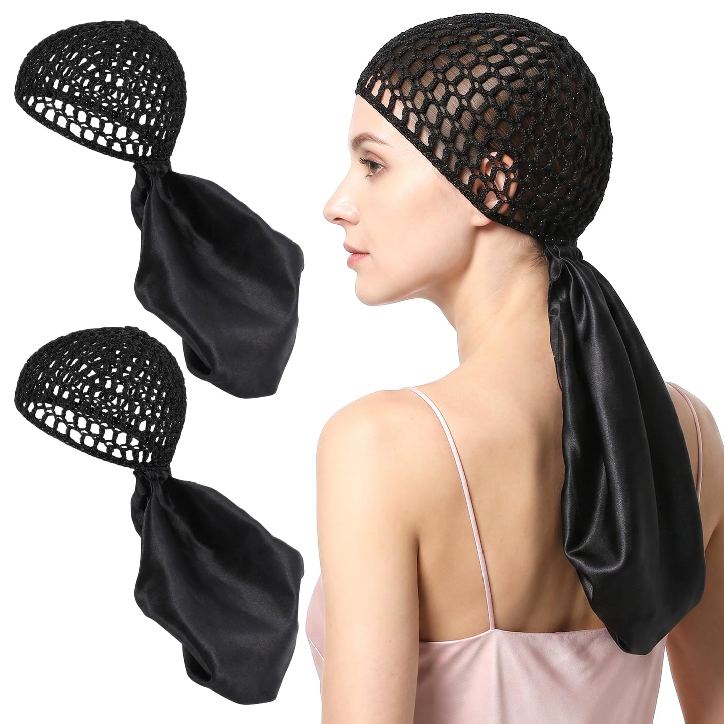 2Pcs 2 In1 Wrap Cap Bonnet Wrap Hair Net and Scarf Double Layered Long Hair Silk Press Set Braid Sleeping Bonnet for Curly Braided