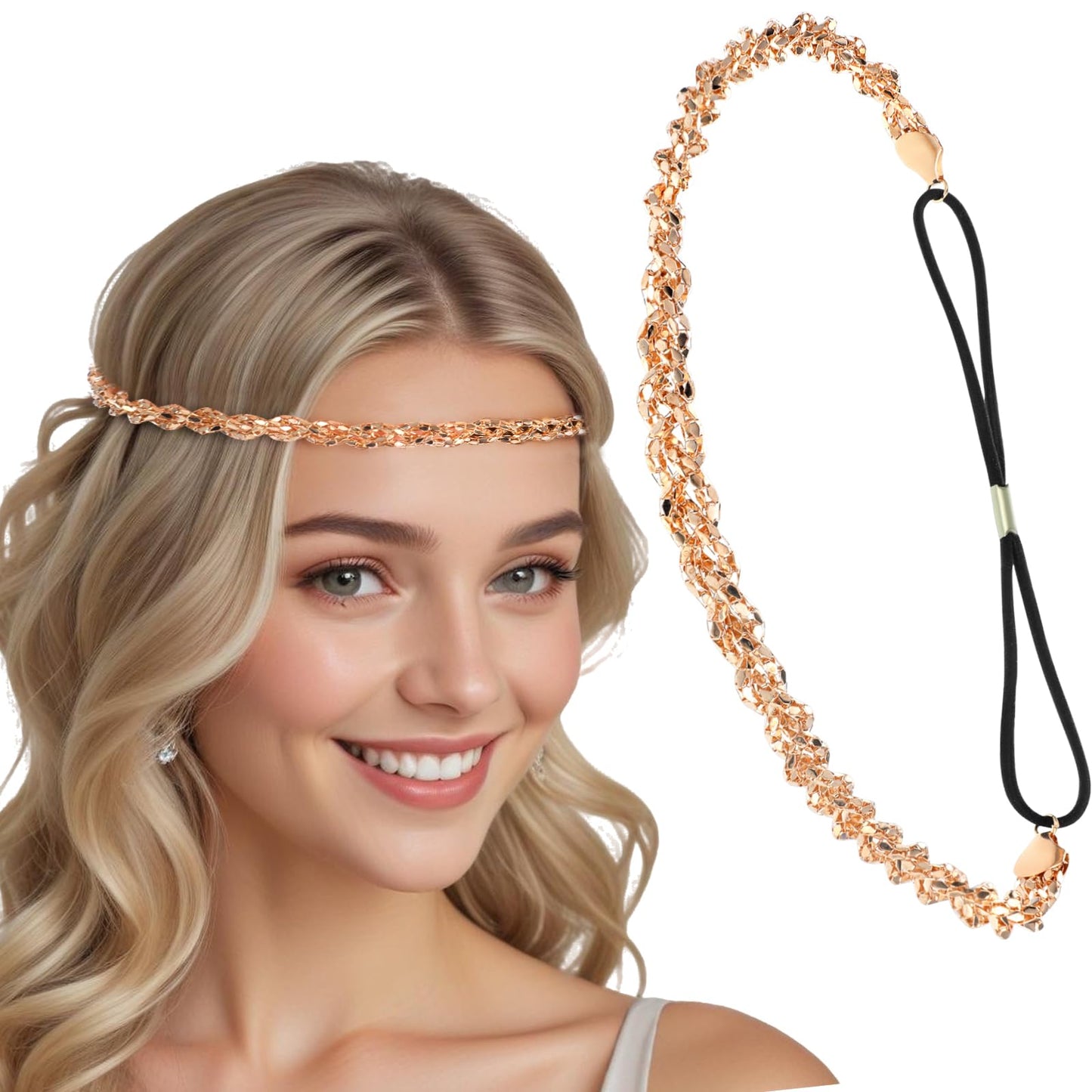 Ymapinc Gold Headpiece for Women - Gold Crystal Headband with 70s Vibe, Sparkly Gold Rhinestone Headband Elegant Head Chain for Bride and Bridesmaids Weddings Party