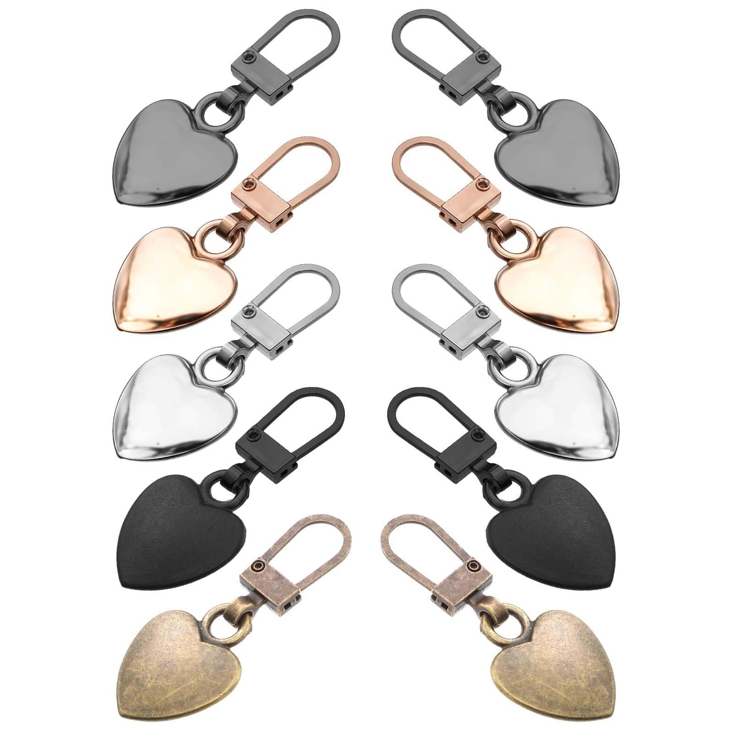 10 Pcs Multicolor Heart Shaped Zipper Pull Replacement Detachable Zipper Pull Charms Heart Durable Metal Tabs Backpack Zippers Mend Fixer Repair for Jackets Purses Luggage (5 Color)