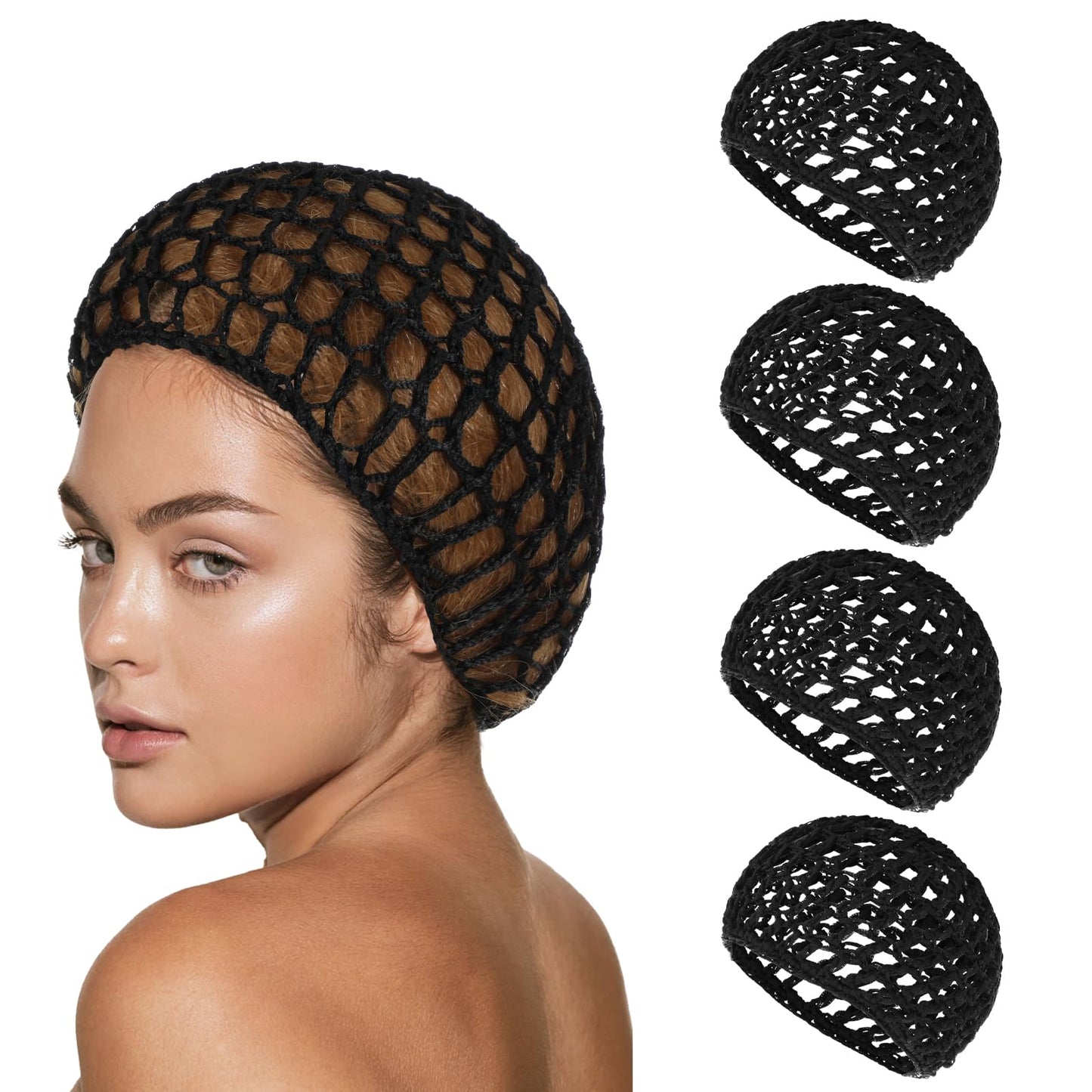 4 PCS Crochet Hair Net Hair Wrap Net for Silk Press Mesh Wrapping Nets Hairs Nets for Sleeping Crocheted Sleep Cap for Women Soft Reusable Crocheted Sleep Cap for Women Long Short Straight (Black)