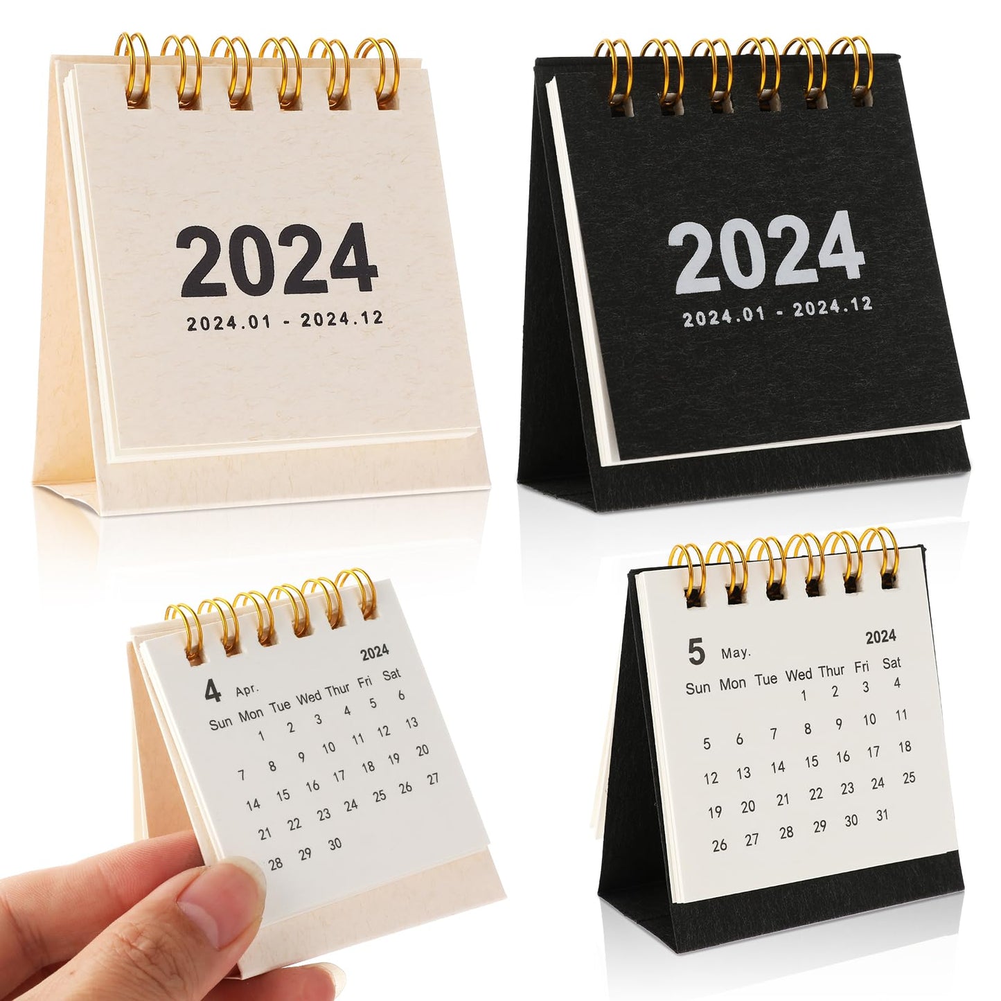 Ouligay 2pcs Mini Desk Calendar 2024 Stand Up Small Desktop Calendar With Gold Coil Easy To Read for Home Office School(Mini White And Black)