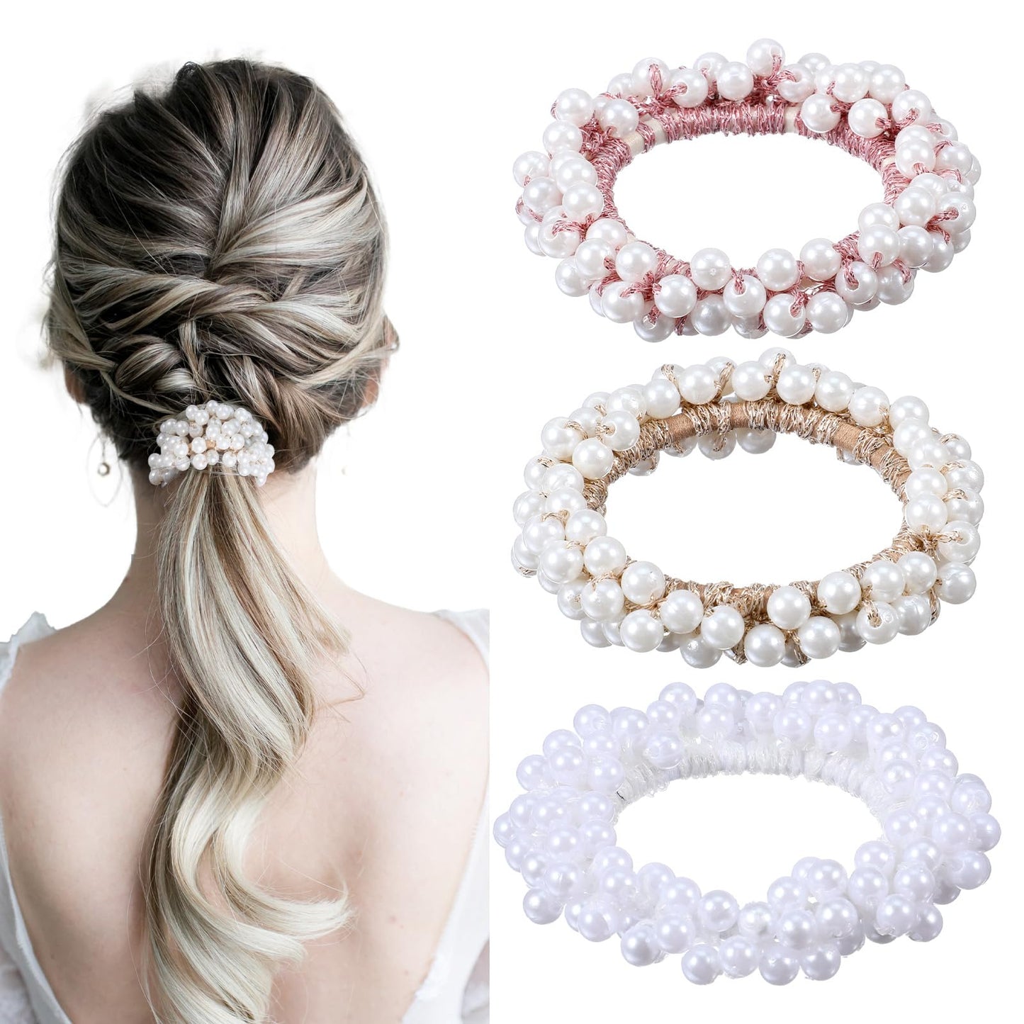 3PCS Pearl Hair Tie Beaded Pearl Hair Scrunchies Elastic Rhinestone Ponytail Holder Sparkly Hairstyle Accessories for Women and Girls (Champagne, White, Pink)