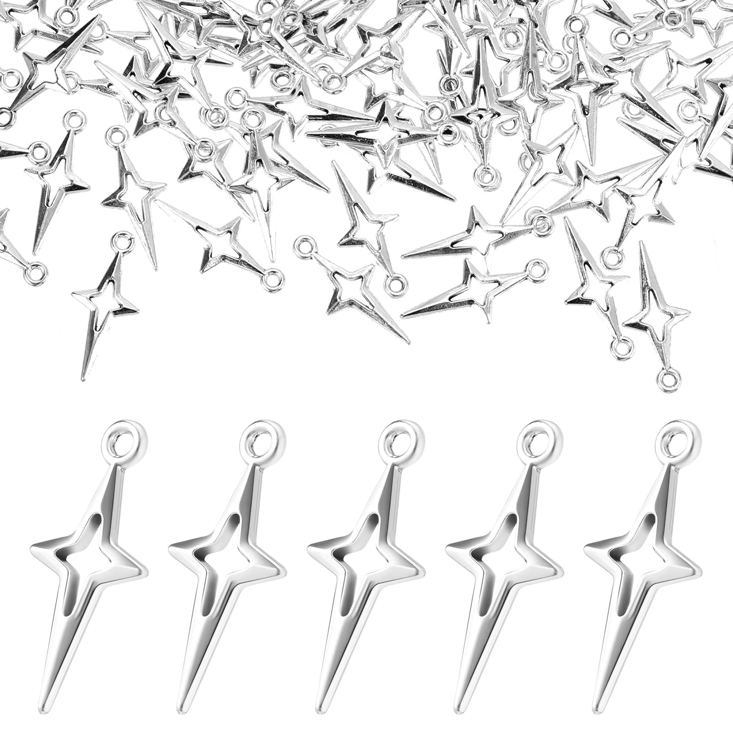 Mabor 100Pcs Silver Star Charms, Star Charms for Jewelry Making Small Metal Hollow Four-pointed Star Charms for DIY Craft Bracelet Earrings Necklace Pendant Aesthetic Charm Connectors, No Gemstone, No
