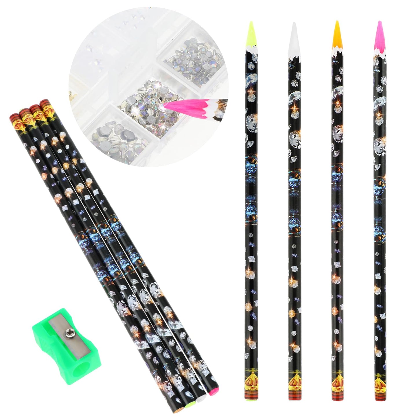 4Pcs Self Adhesive Resin Rhinestones Picker Pencil, Mabor Nail Point Diamond Drill Art Painting Pen with Pencil Sharpener Gem Pick up Tools for Girls Women Nail DIY Decoration