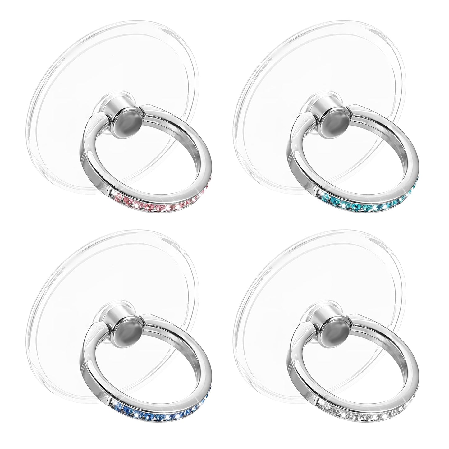 4PCS Phone Ring Holder Grip Transparent Diamond Decorated Cell Phone Grip Clear Phone Finger Holder 360° Rotation Phone Holder for Hand, Compatible with Most of the Phones, Tablet and Case(Round)