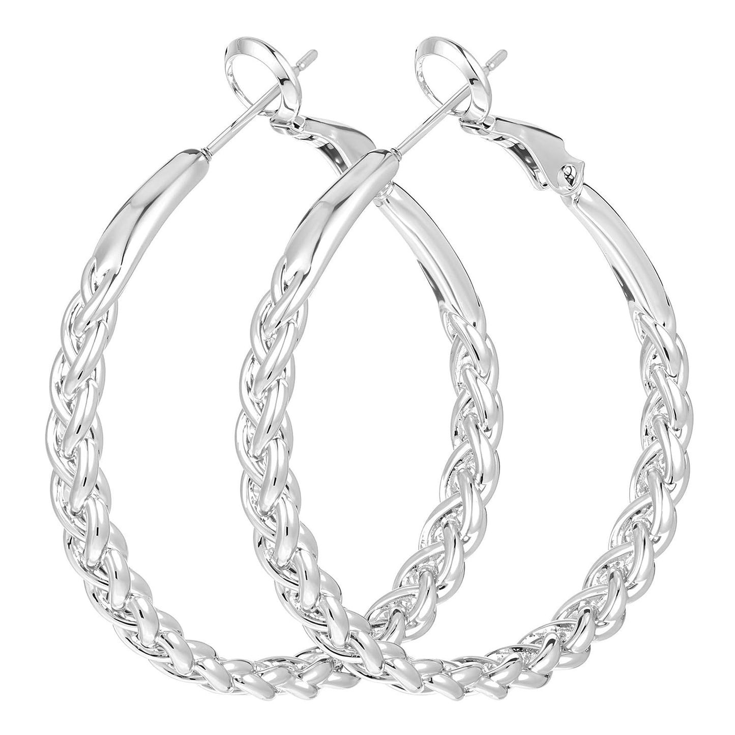 2 PCS Twisted Hoop Earrings Braided Floating Earrings for Women Silver Lightweight Thick Twisted Large Silver Hypoallergenic Laced Wide Hoop for Women