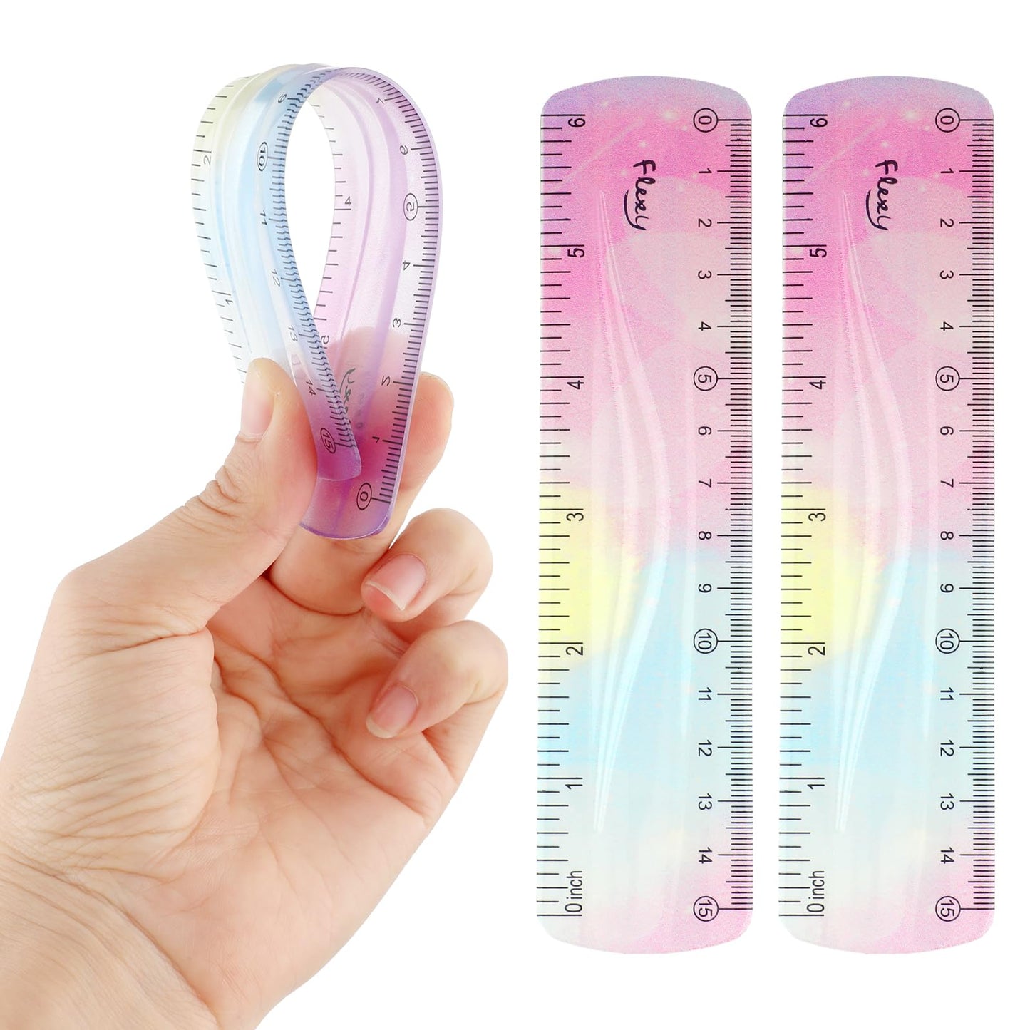 2Pcs 15Cm Flexible Ruler, Mabor Soft Plastic Ruler Bendable Ruler with Centimeters and Inches Colorful Straight Ruler for Kids Student Home School Office Supplies