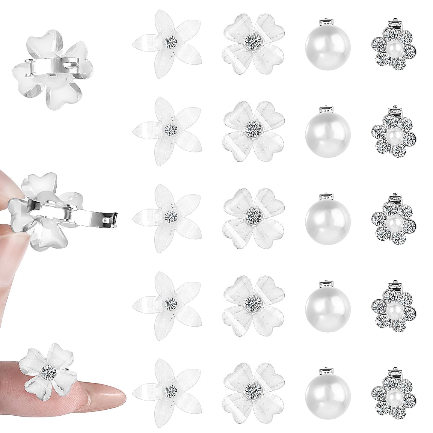 20Pcs Mini Clips for Hair, Mabor White Flower Hair Clips with Rhinestone Cute Hair Pins Decorations Small Flower Hair Clips for Wedding Hair Barrettes Bridal Hair Accessories for Girls Women