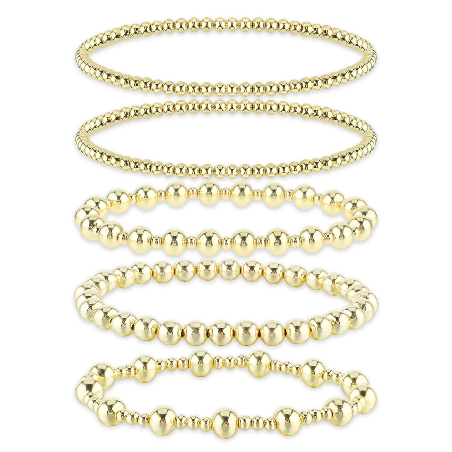 Mabor 5 PCS Gold Bead Bracelets Stack for Women, 14K Gold Plated Beaded Bracelets Gold Stretch Bracelet Bead Ball Stack Set Gold Jewelry for Women