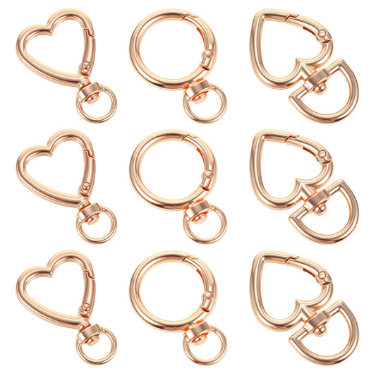 Xinjoduz 9 PCS Gold Carabiner Keychain, Heart Shaped Carabiner Clips Spring Clasps for Purse, Small Key Rings Hooks Replacement for Car Keys Purse Wrist Strap Closure Shoulder Bag as Valentine Gift