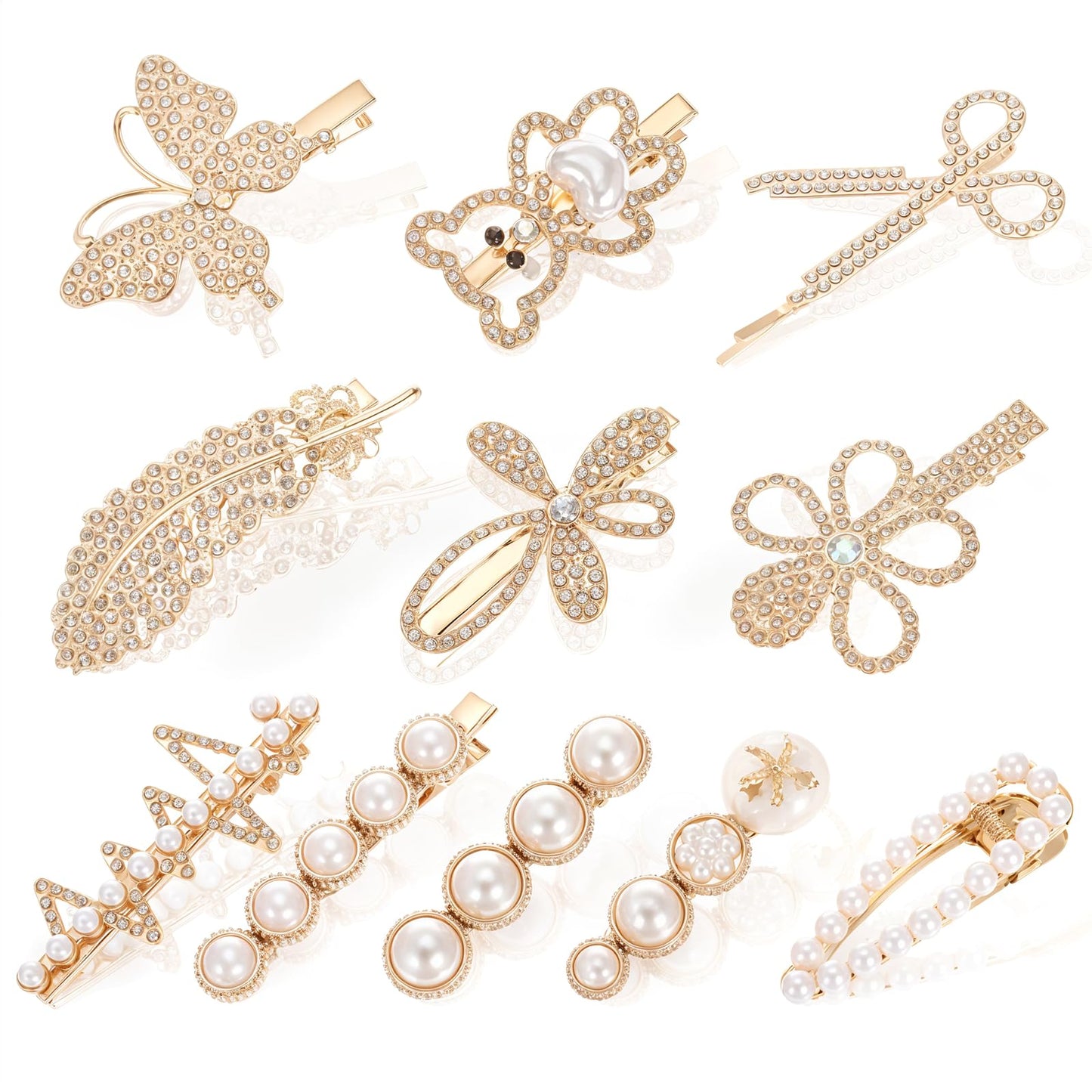 11PCS Rhinestone Hair Clips for Women, 2.3" Small Crystal Butterfly Flower Fancy Hair Clips Metal Alloy Duckbill Hairpins Sparkly Hair Barrettes Accessories for Women Girls Wedding Party (White, Gold)