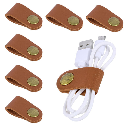 Xinjoduz 6 PCS Cord Organizer, Khaki Charging Cable Ties USB Organizer with Leather Handmade, Cord Keeper, Portable Earphone Cable Holders for Cords Cable Straps, Stocking Stuffers for Men