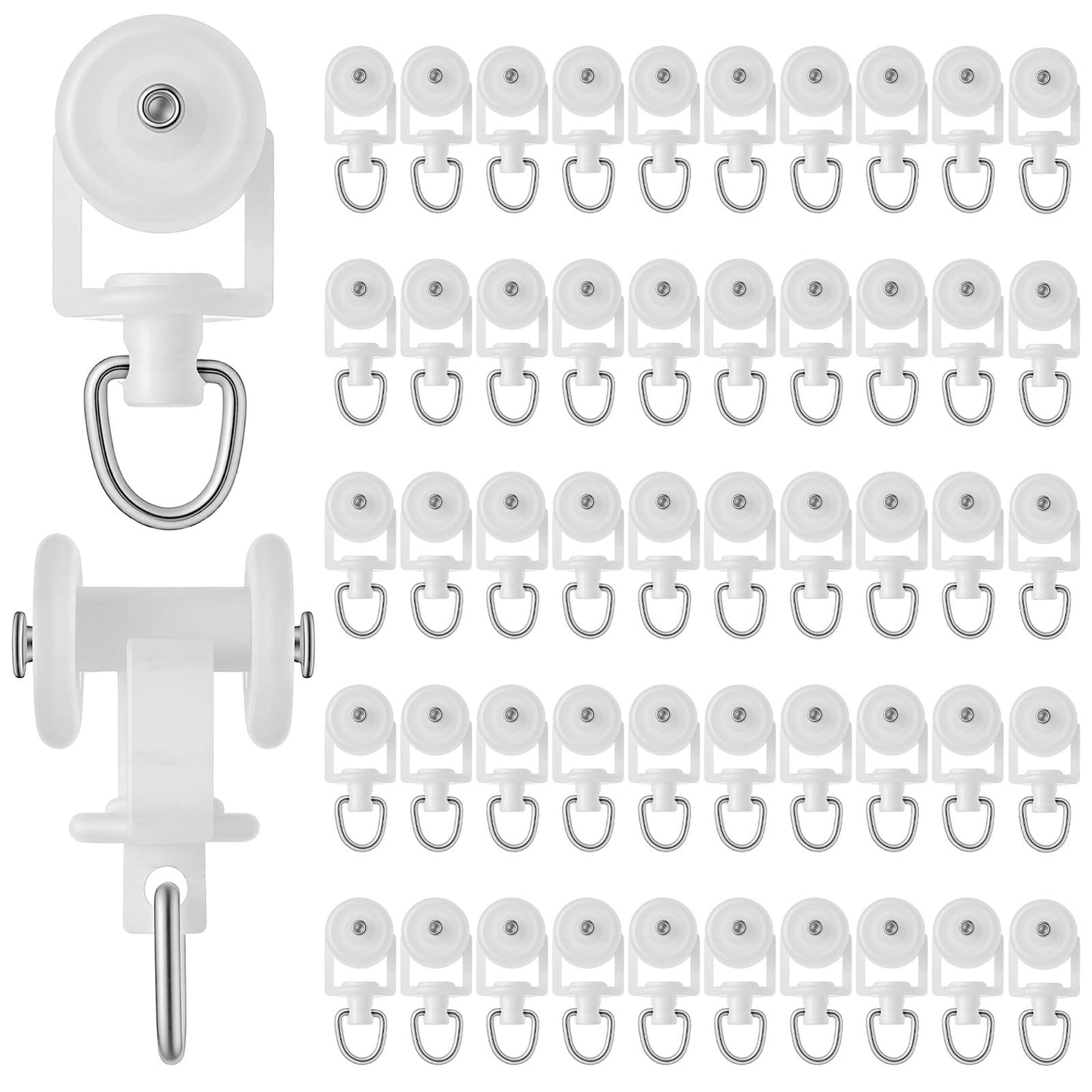 Ouligay Pack of 50 curtain hooks with two wheels, sliding rollers for curtains