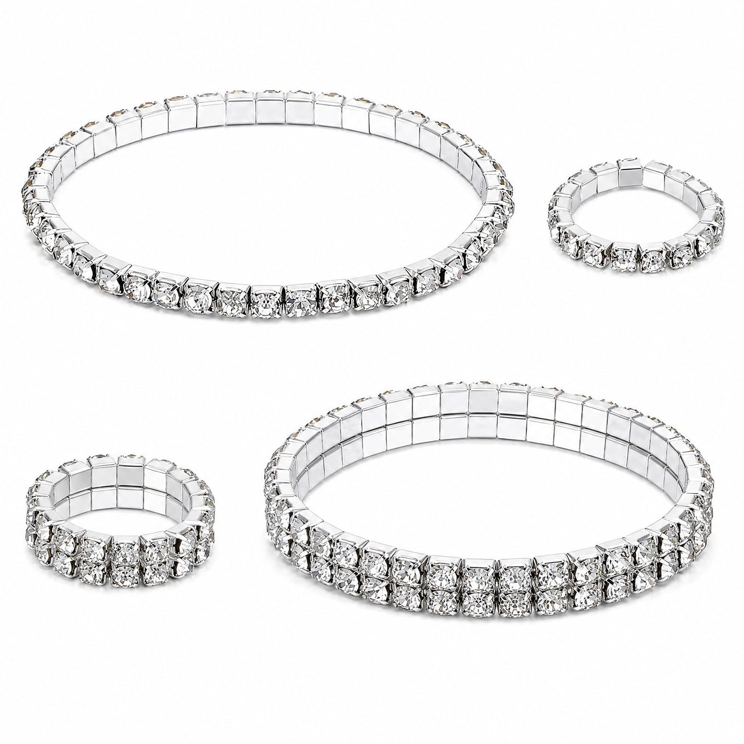 Chsoejuf 2PCS Rhinestone Bracelet, Silver Sparkling Stretch Tennis Bangle