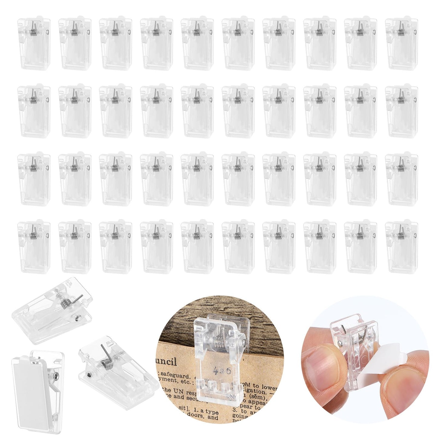 Nogeqi 40pcs Acrylic Self Adhesive Clips,Transparent Sticky Clips,Clear Plastic Wall Clips for Hanging,Plastic Photo Clips with Sticky Strip for Photo Poster Paper Document Hanging