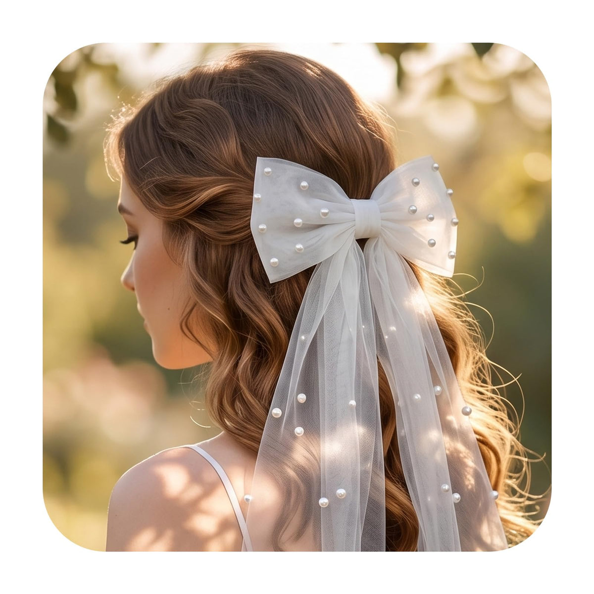 Chsoejuf White Bride Bow Veil Girly Coquette Pearl Tulle Hair Bows Clip